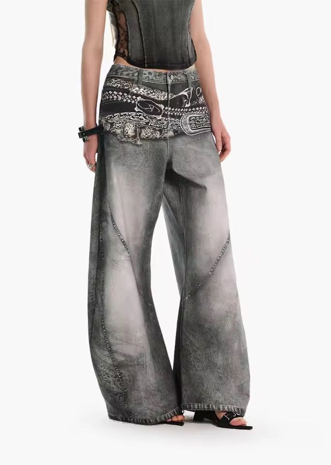 Japanese Brand Mud Wash Wide Leg Denim - Y2K Double Belt Graphic Size US 33 - 1 Thumbnail