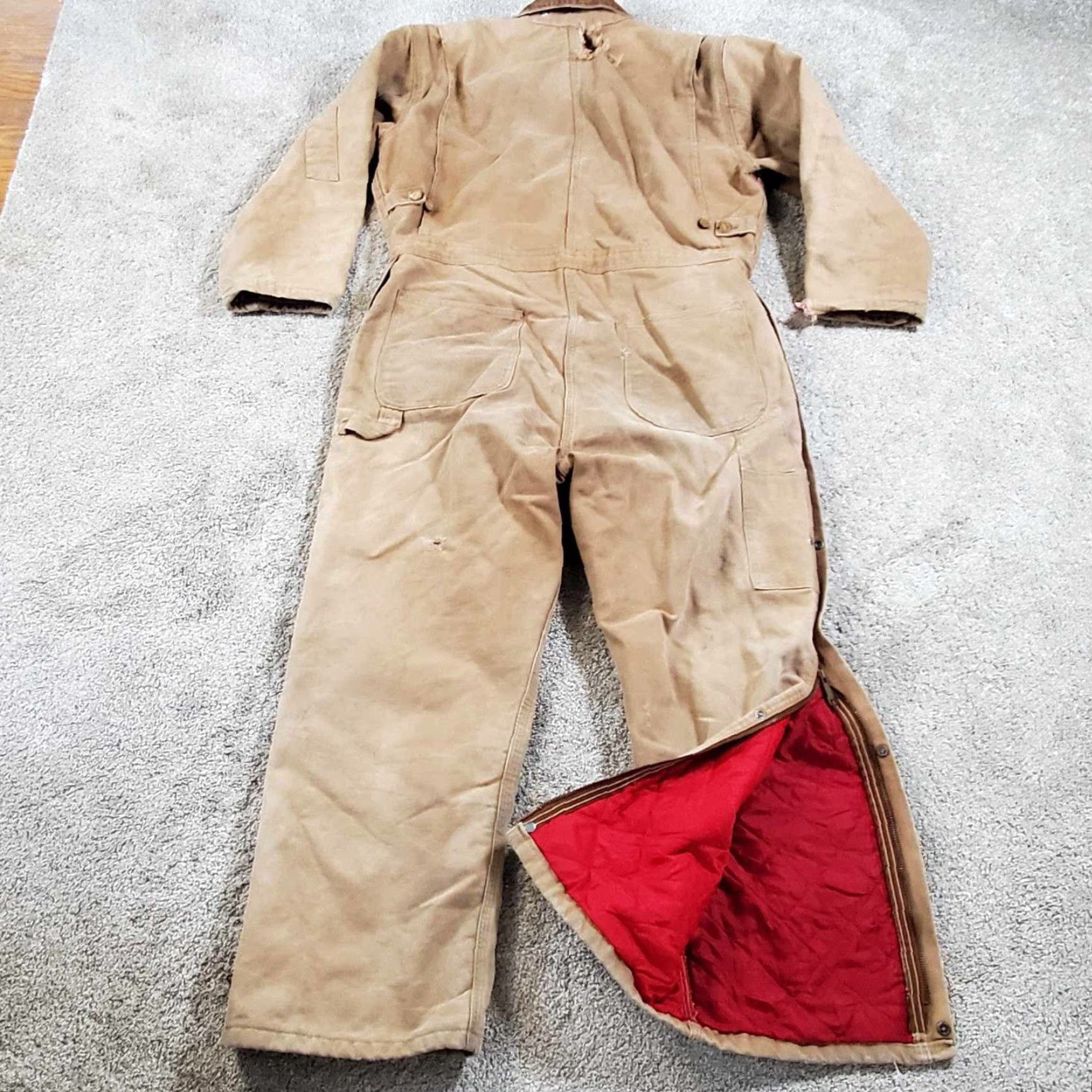Carhartt Vtg 1989 Carhartt Canvas Duck Coveralls 42R Insulated Lined Distressed Workwear 80s Hunting Mens Brown Long Zip Pockets Logo Zipper Size US 42 / EU 58 - 5 Thumbnail