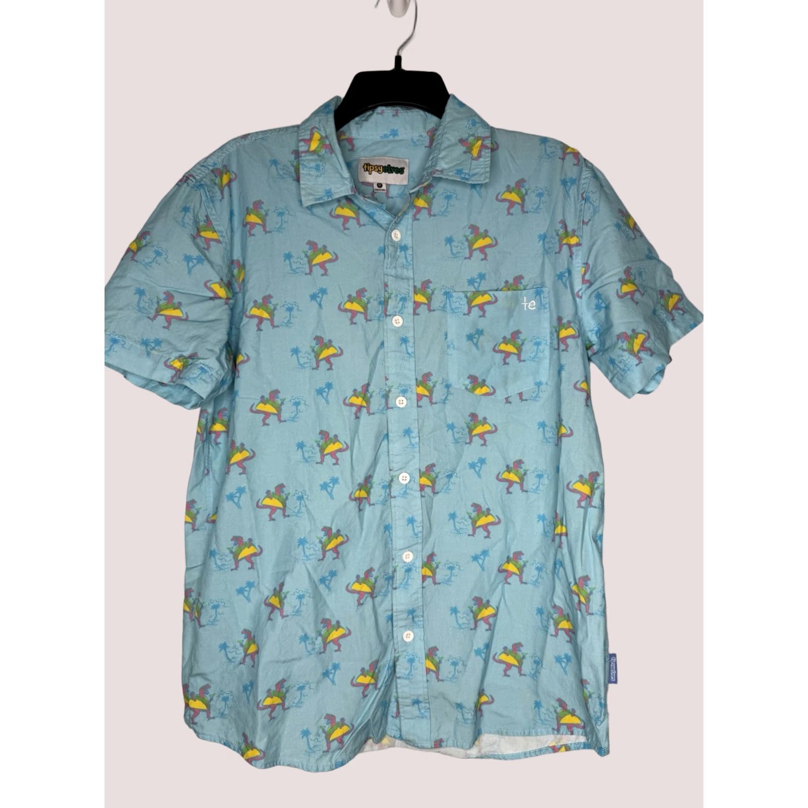 Vintage Tipsy Elves Dinosaur Tacos Mens Medium Blue Short Sleeve Button Down Shirt Size US M / EU 48-50 / 2 - 1 Thumbnail