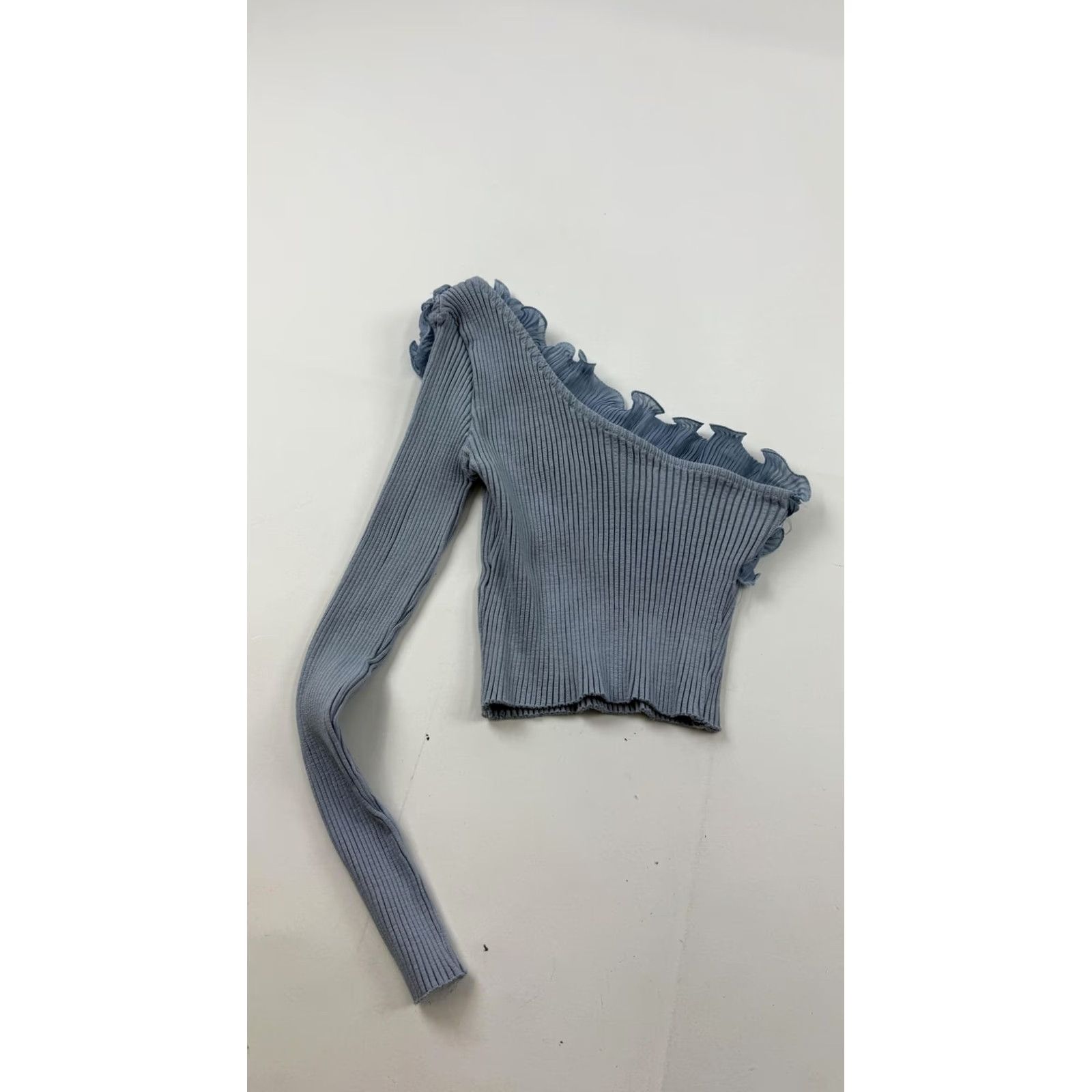 Zara Zara Blouse Womens L Blue One Shoulder Ribbed Knit Top Long Sleeve Ruffle Slim Knit Top Size L / US 10 / IT 46 - 6 Thumbnail