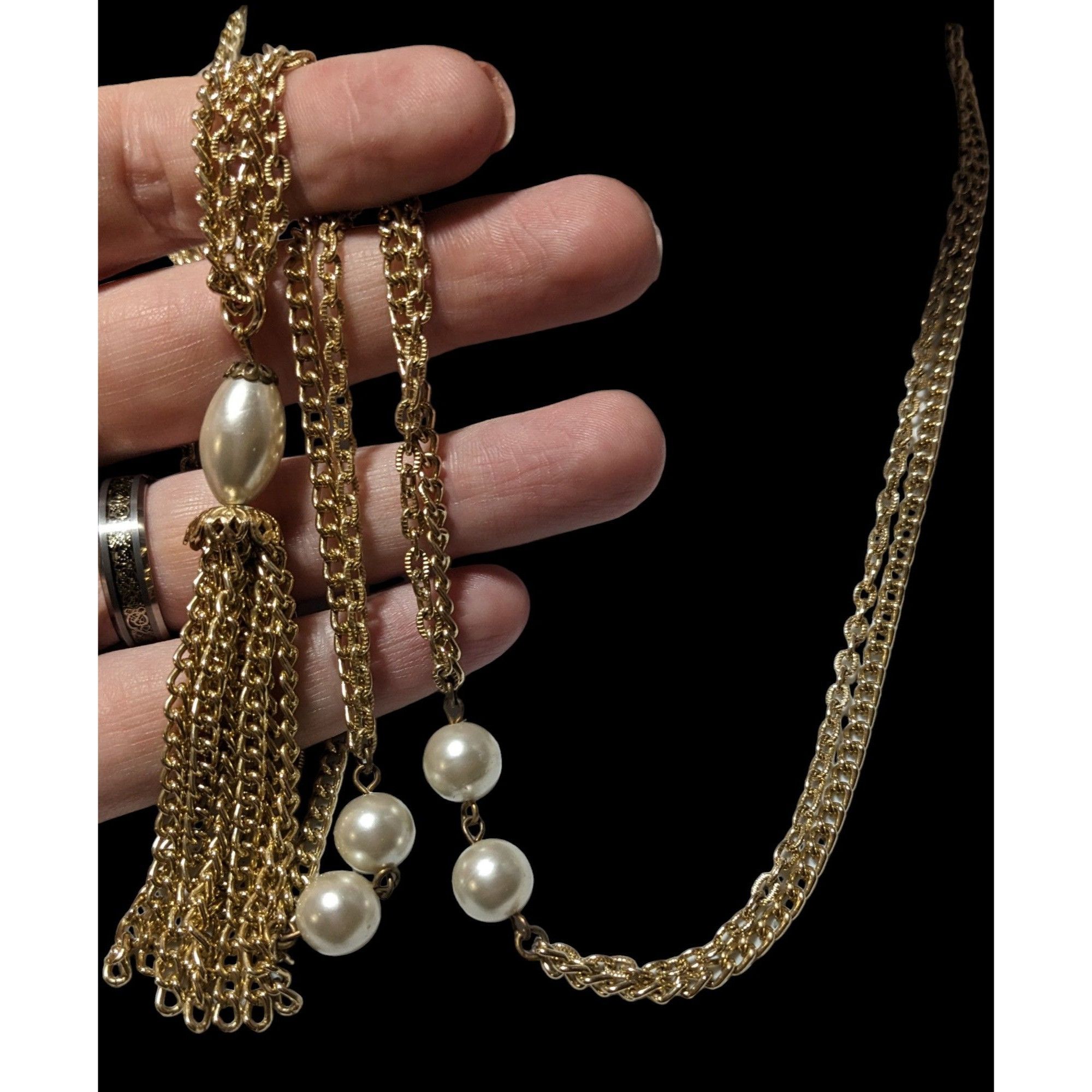 Other Gold Glam Pearl Beaded Chain Tassel Necklace Size ONE SIZE - 3 Thumbnail