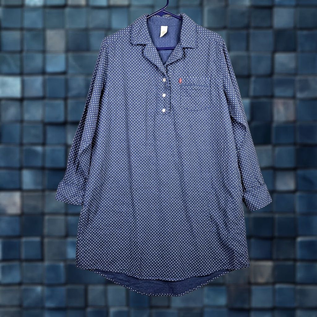 CO LEVI Strauss & Co Women Long Sleeve Button Up Tunic Dress L Blue V-Neck A-Line Casual 100% Cotton Above Knee Reg Dept Women" Size L / US 10 / IT 46 - 1 Thumbnail