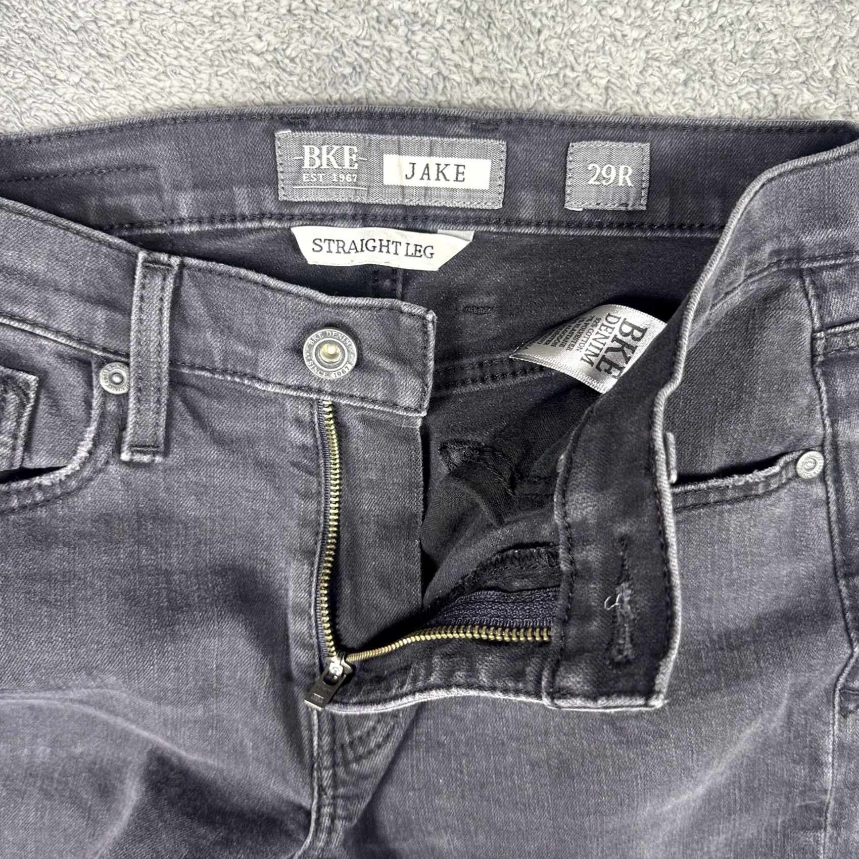 Vintage BKE Jake Jeans Mens 29R Charcoal Straight Stretch Mid Rise Denim Whisker Cowboy Reg Mens Jeans Size US 29 - 7 Thumbnail