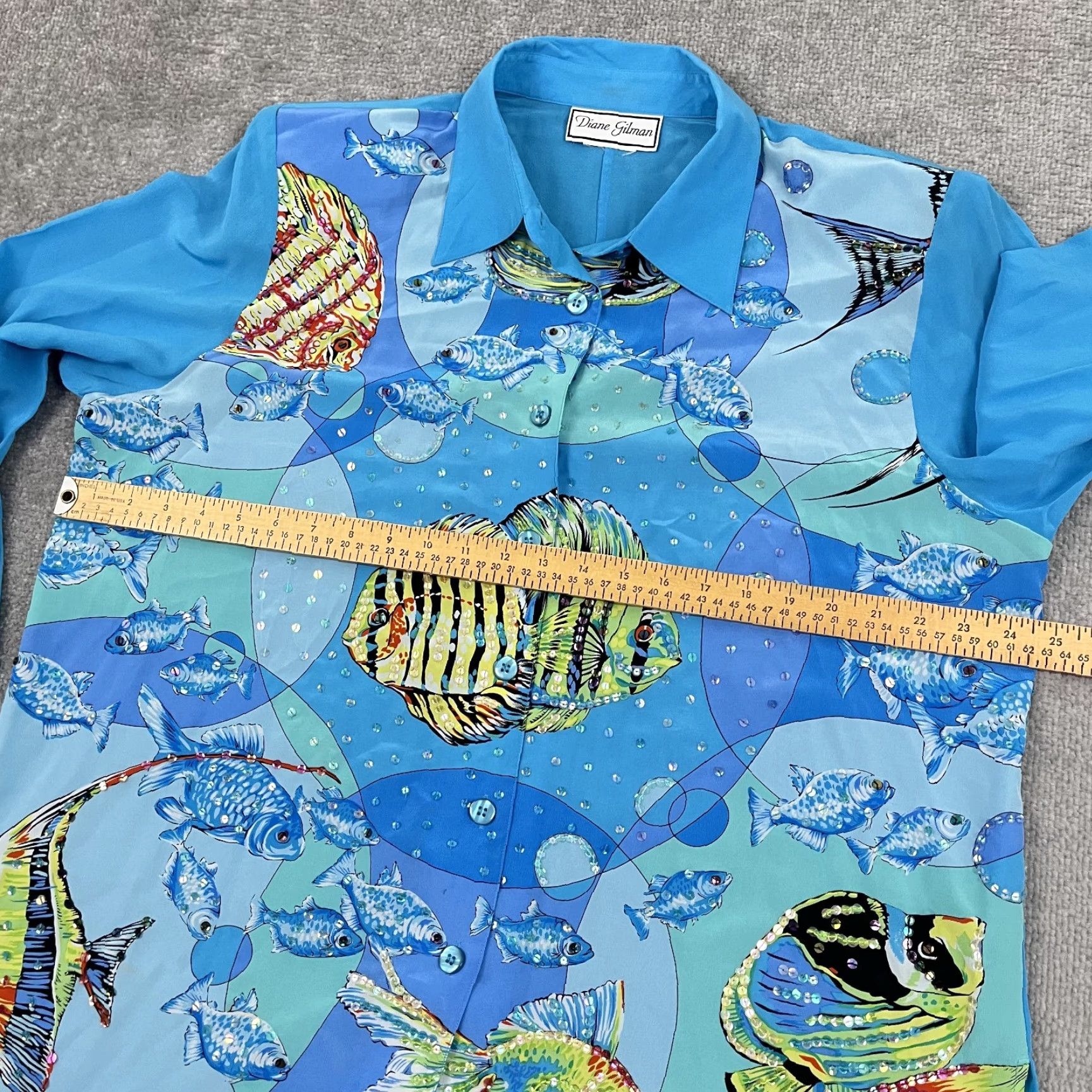 Vintage Diane Gilman Button-Up Shirt Womens Large Blue Silk Tropical Fish Sequin Animal Print Size L / US 10 / IT 46 - 4 Thumbnail