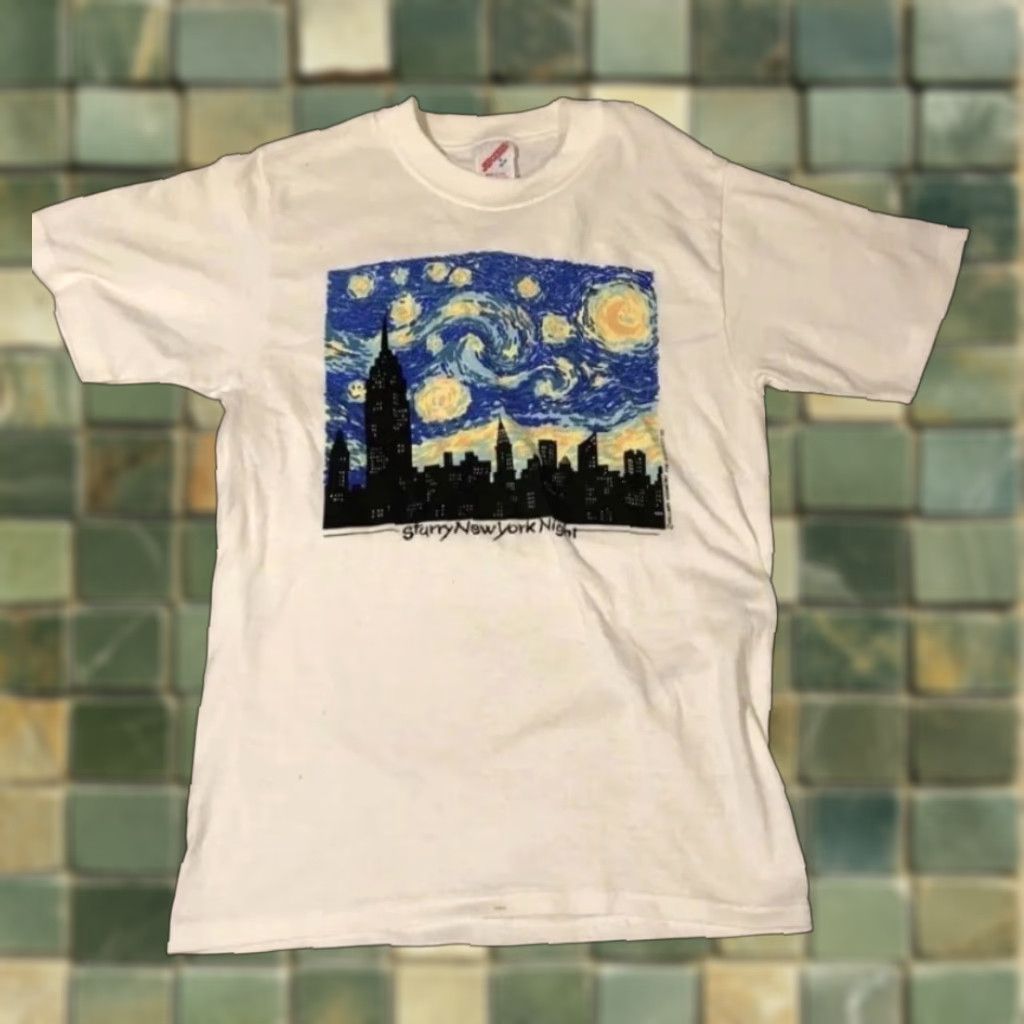 Jerzees VINTAGE Van Gogh Starry New York Night T-Shirt Mens S White Distressed Art Tee Rare Size US S / EU 44-46 / 1 - 1 Thumbnail
