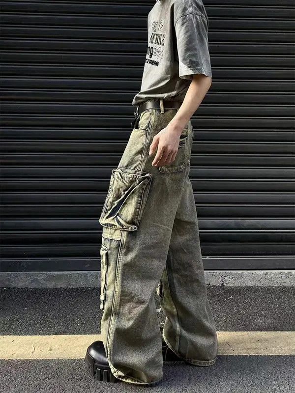 Jean Khaki Baggy / Chunky Bleached Cargo Wide Leg Jeans Size US 34 / EU 50 - 5 Thumbnail