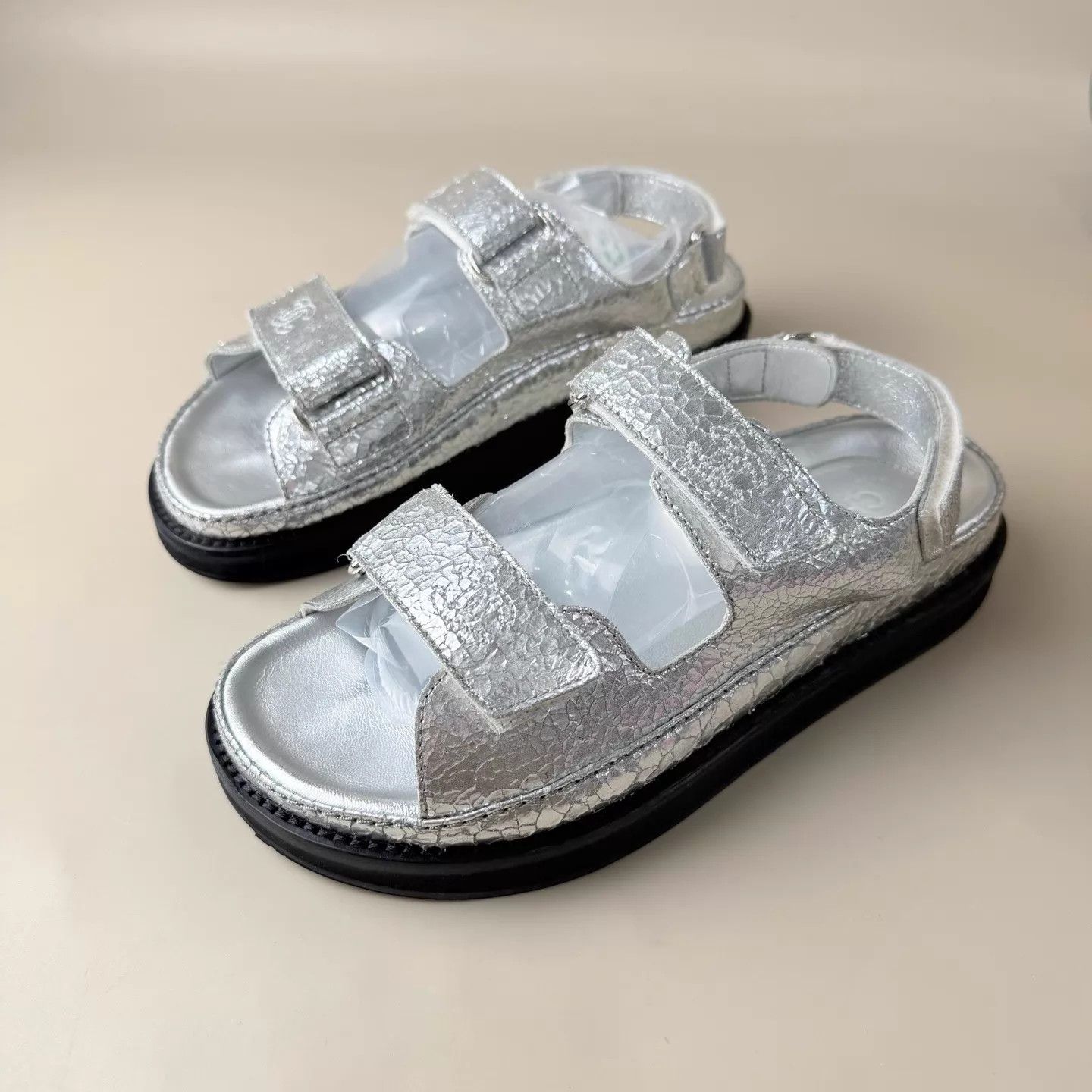 Chanel Chanel Silver CC Cracked Leather Sandals 37 EU 99 New Size US 6.5 / IT 36.5 - 1 Thumbnail