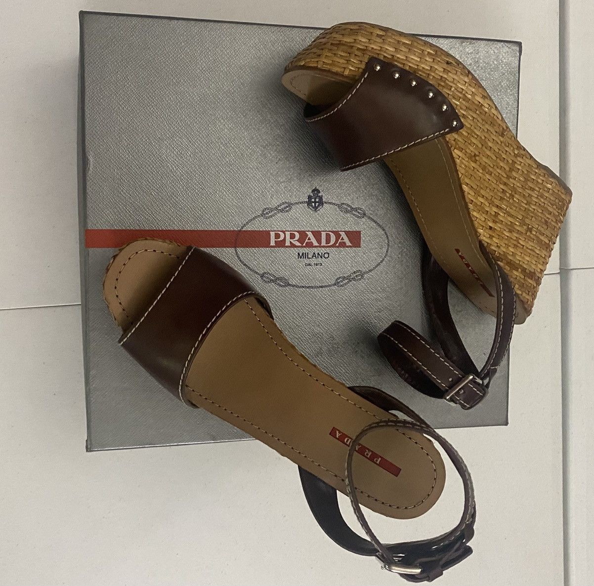 Prada Prada Brown Leather Wicker Wedge Sandals 3XZ175 10 US NEW Size US 10 / IT 40 - 12 Thumbnail