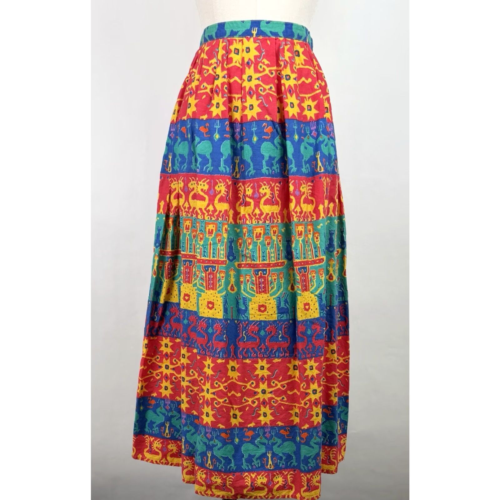 VINTAGE Claude Skirt Maxi Women's S Red Geometric Pleated 80s 90s Art Southwestern Western All Seasons Pockets High Rise Cotton Vintage 12