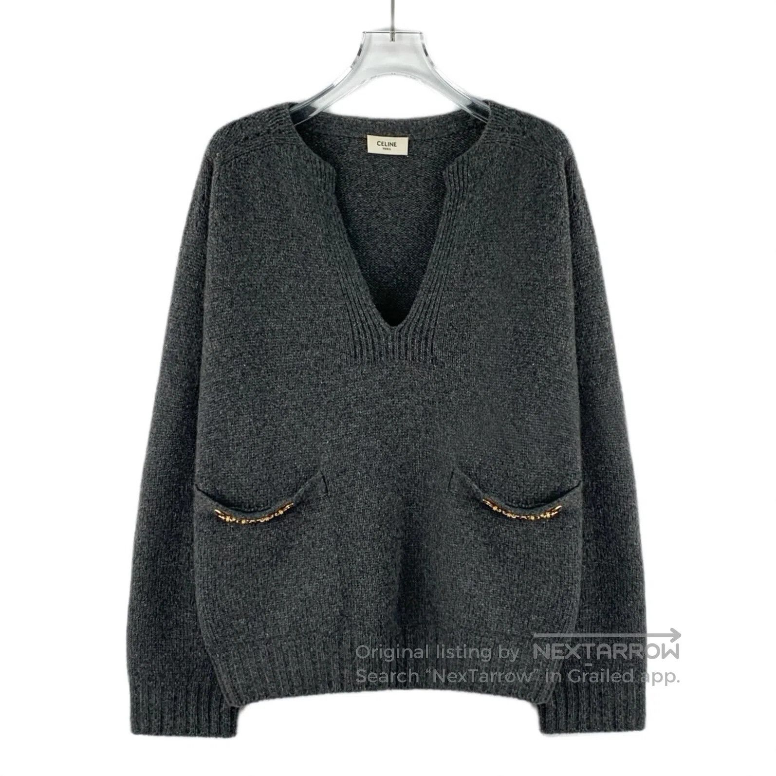 Celine CELINE Dark gray pocket chain design cashmere V-neck long- Size US M / EU 48-50 / 2 - 1 Thumbnail