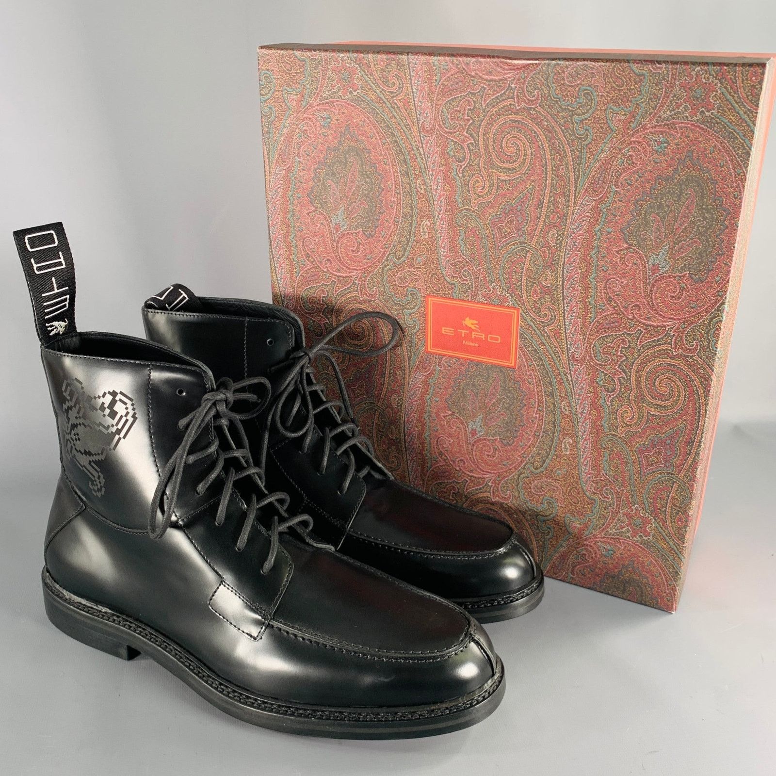 Etro ETRO Size 12 Black Leather Pixel Art Lace-Up Boots Size US 12 / EU 45 - 10 Thumbnail