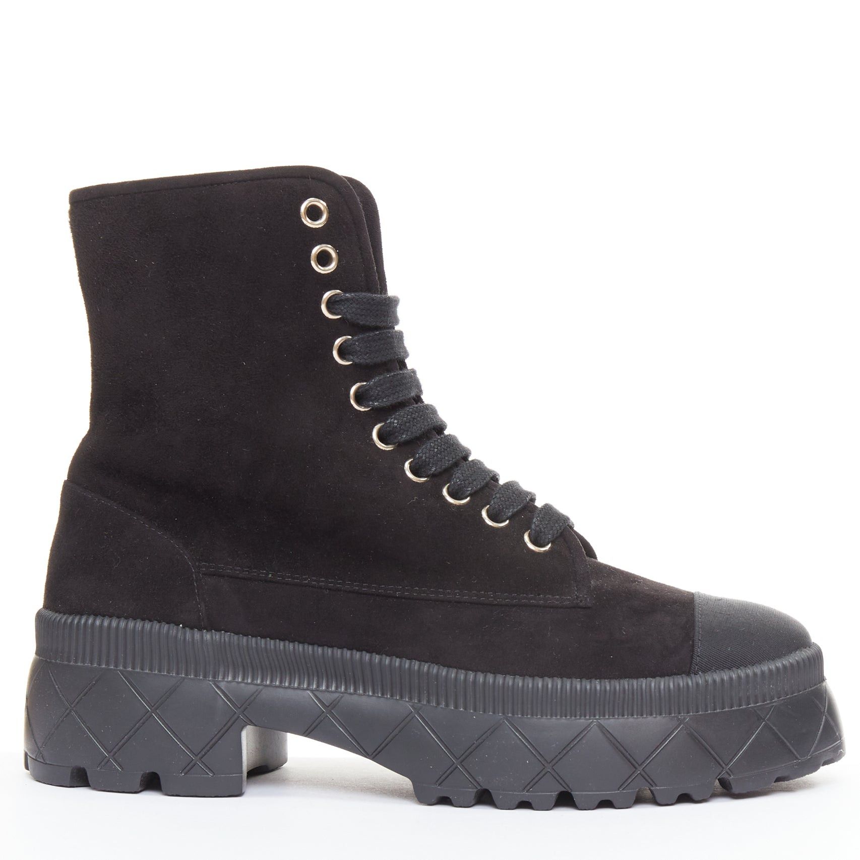 Chanel CHANEL 2023 black quilted suede silver CC cap toe platform laced combat boots EU37.5 Size US 7.5 / IT 37.5 - 1 Thumbnail