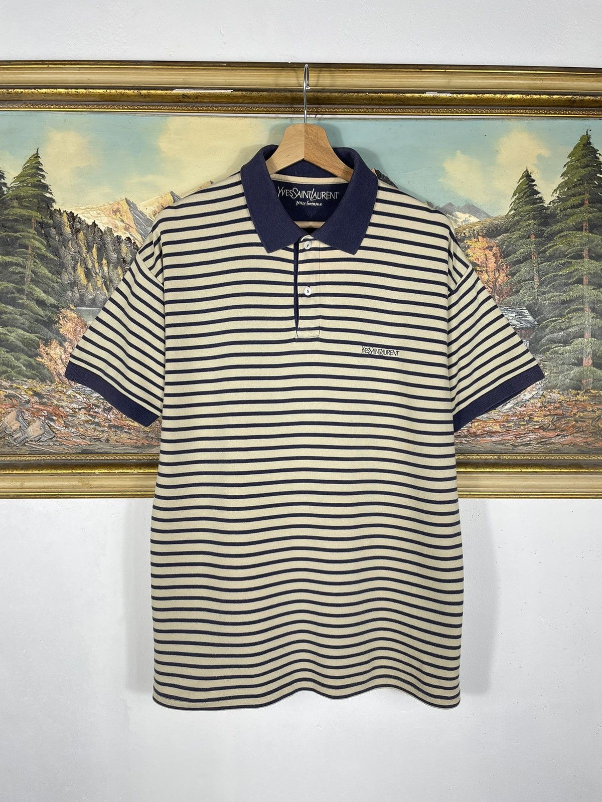 Navy Beige Striped T shirt Retro YSL Yves Saint Laurent
