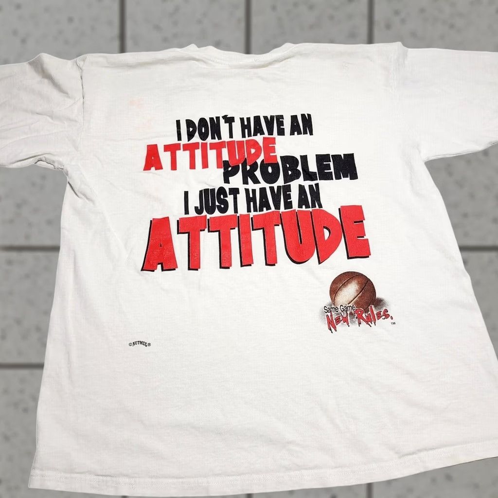 Nutmeg VINTAGE 90s Attitude Problem T-Shirt Mens XL Nutmeg White Graphic Print Basketball Crew Neck Short Sleeve Same Game New Rules Size US XL / EU 56 / 4 - 1 Thumbnail