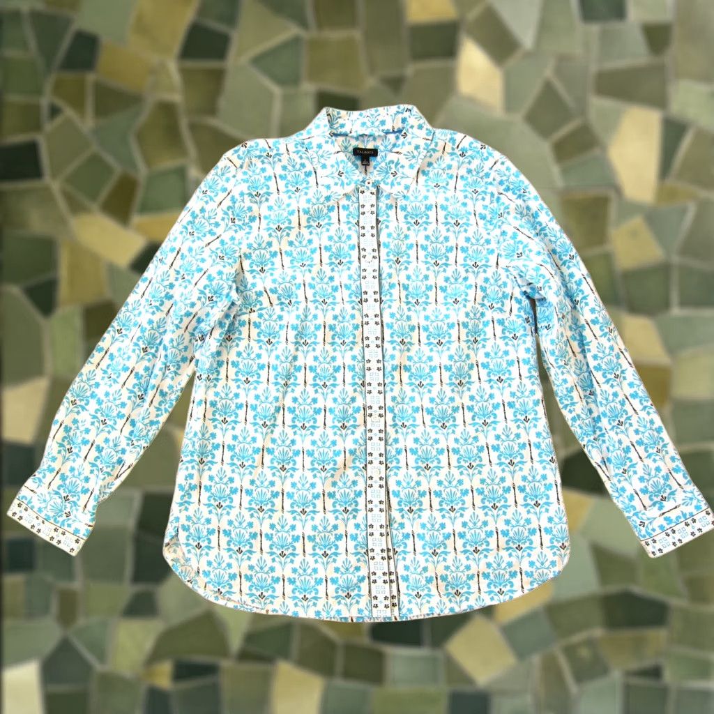 Talbots Talbots Blue White Floral Long Sleeve Cotton Collar Button Up Blouse Large Size L / US 10 / IT 46 - 1 Thumbnail