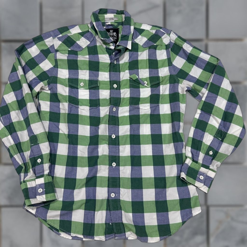 Express Express Shirt Mens M Green Blue Flannel Button-Up Long Sleeve Slim Fit Cotton Check Pocketed Size US M / EU 48-50 / 2 - 1 Thumbnail