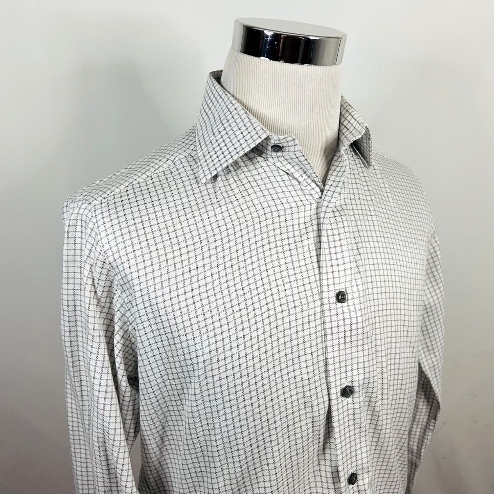 David Donahue David Donahue Shirt 15.5 34/35 Dress White Gray Plaid 100% Cotton Regular Fit Mens Shirt Size 42R - 2 Thumbnail