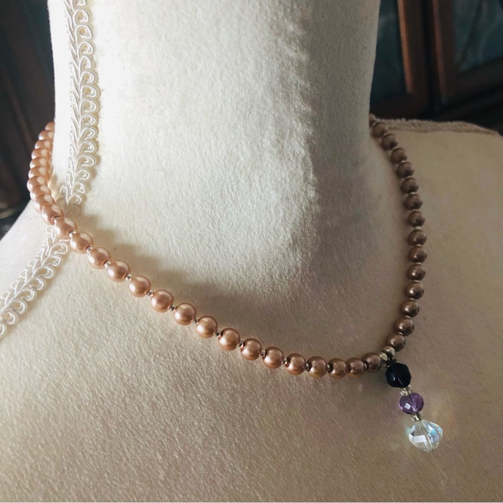 Handmade Handcrafted repurpose Crystal drop pendant Pearl necklace Size ONE SIZE - 3 Thumbnail