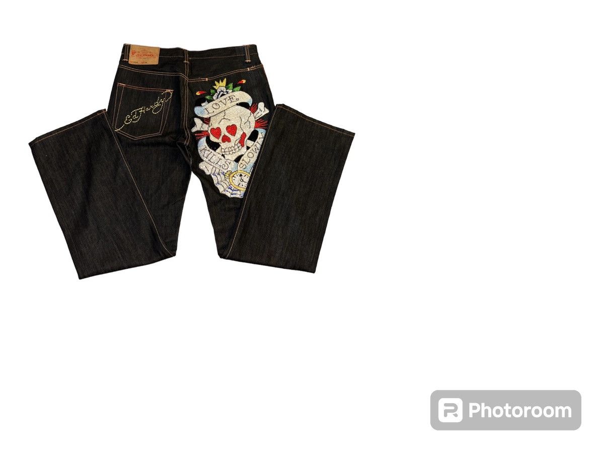 image of Ed Hardy Rhinestone Skull Decal Jeans in Navy, Men's (Size 34)