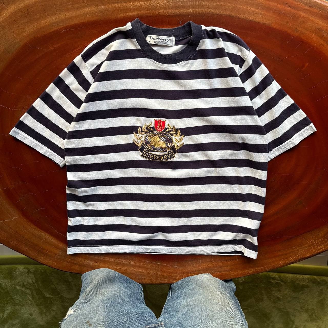 Burberry Vintage 90’s Burberry Navy Blue and White Striped Tshirt Size US M / EU 48-50 / 2 - 1 Thumbnail