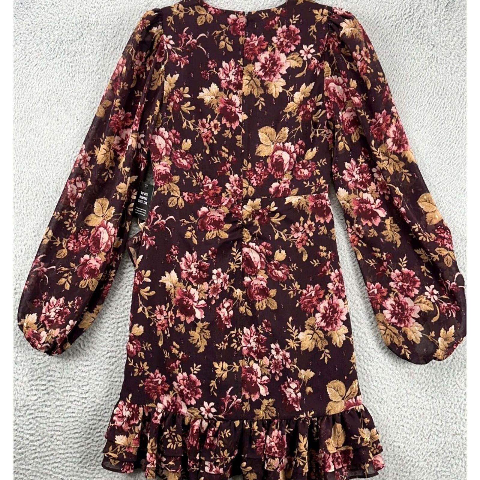 Express Express Dress Women Small Maroon Floral Ruched Wrap Ruffle Mini Fairy NEW Dress Size S / US 4 / IT 40 - 3 Thumbnail