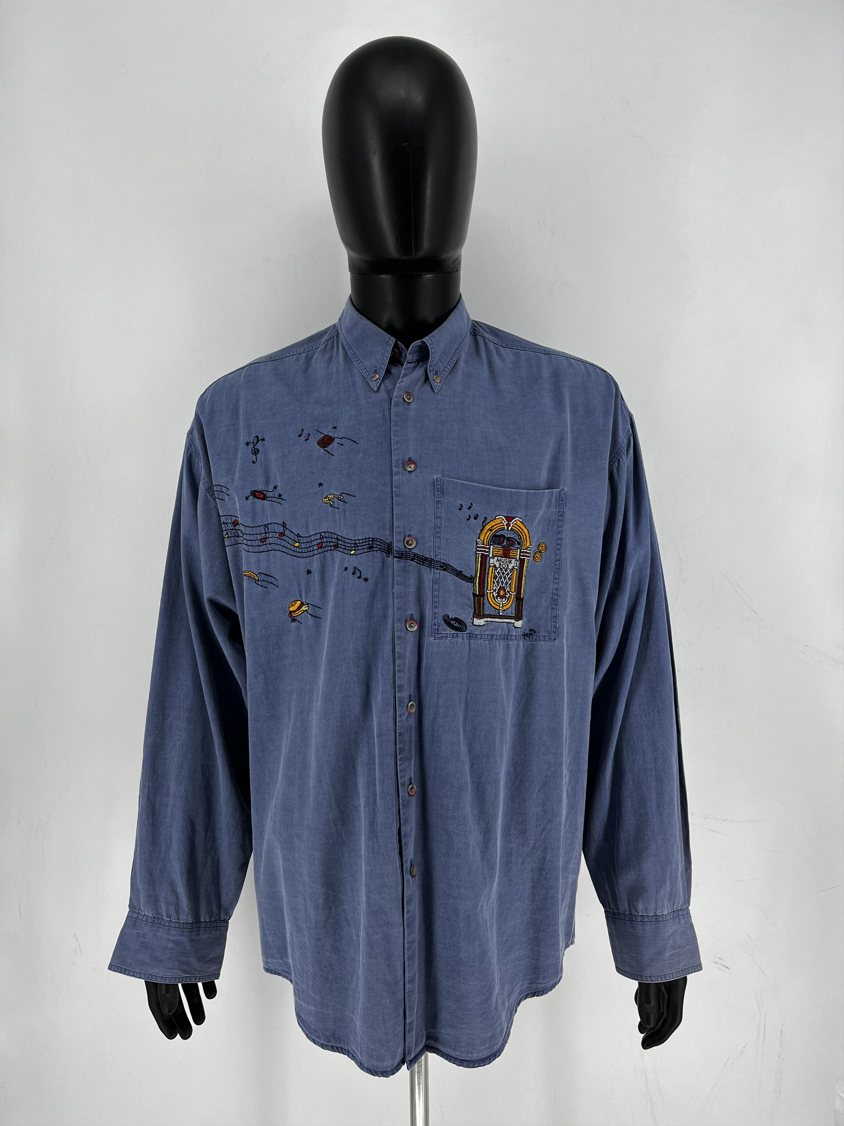Haupt Haupt Germany Men’s Long Shirt Blue Embroidered Music Box Size US XL / EU 56 / 4 - 3 Thumbnail