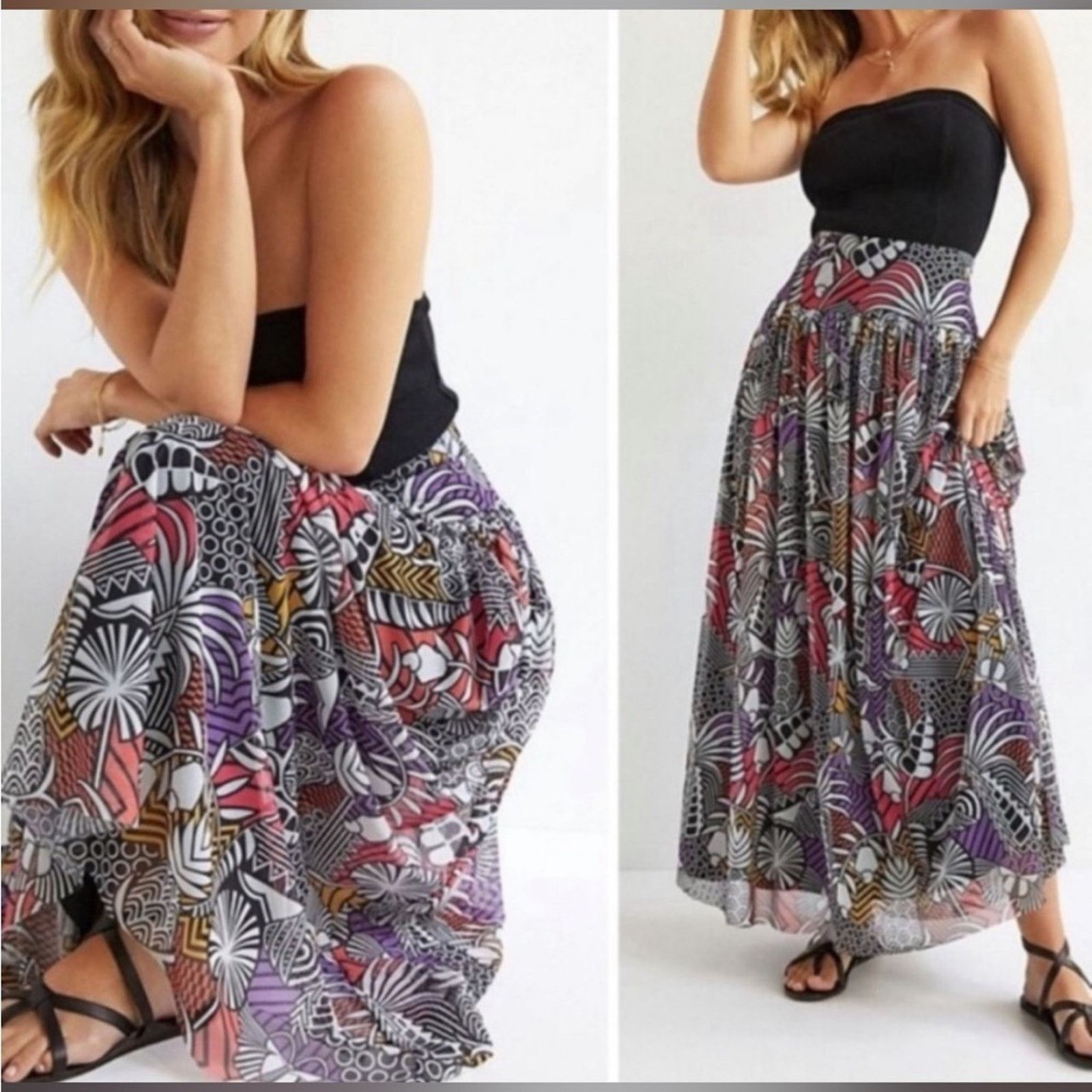 Farm Rio NEW FARM Rio Tropical Print Maxi Skirt - Black & Pink Size S Size 27" / US 4 / IT 40 - 1 Thumbnail