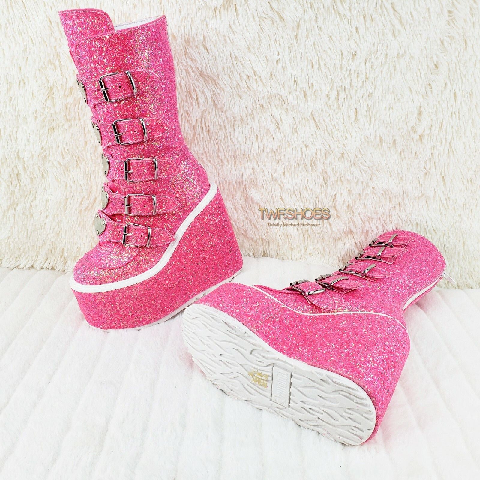 Other Swing 230G Pink Glitter Boot 5.5" Platform Heart Strap Goth Size US 11 / IT 41 - 4 Thumbnail