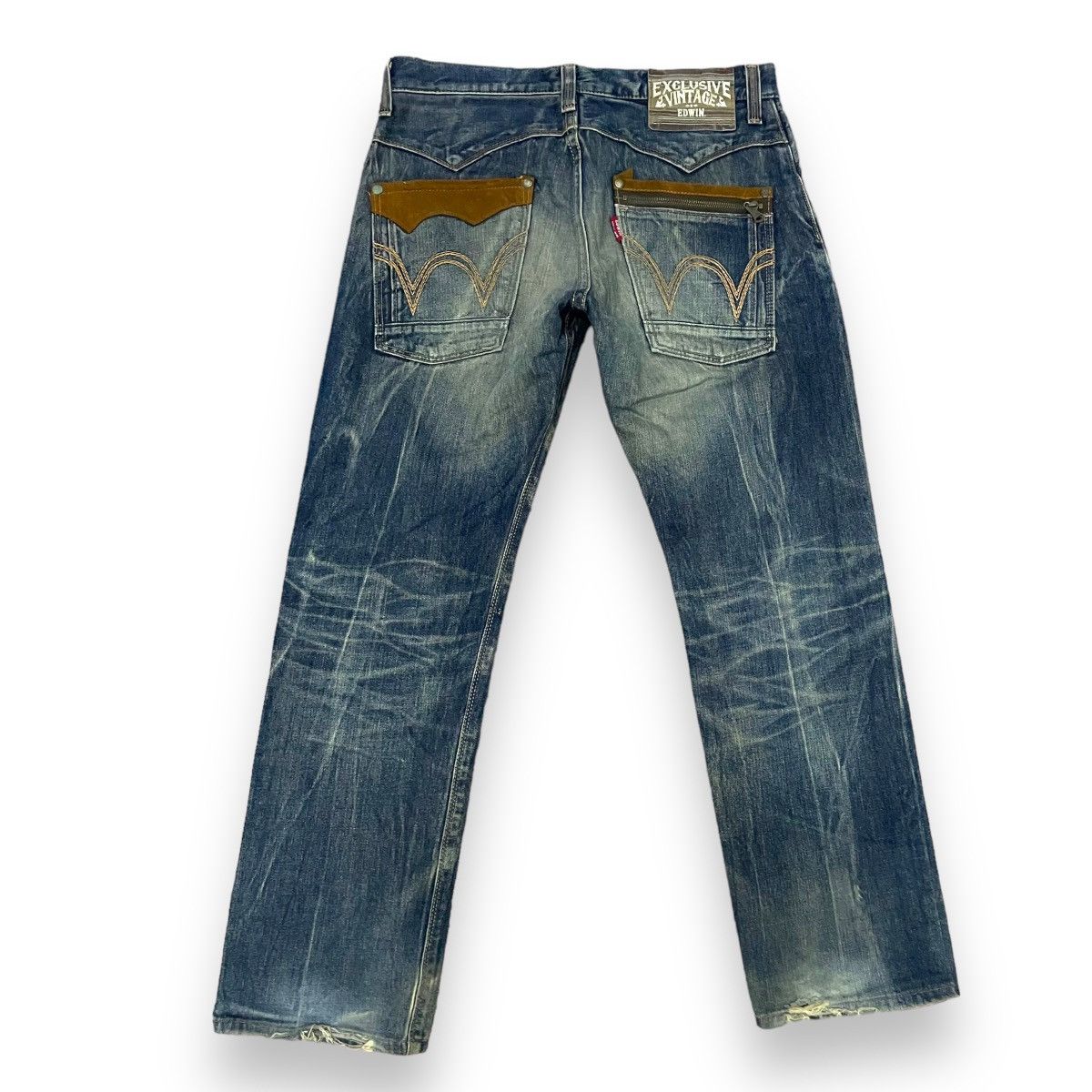 Edwin × Vintage 🇯🇵 EDWIN EXCLUSIVE VINTAGE WASHED LEATHER POCKET DENIM PANTS Size US 34 / EU 50 - 1 Thumbnail