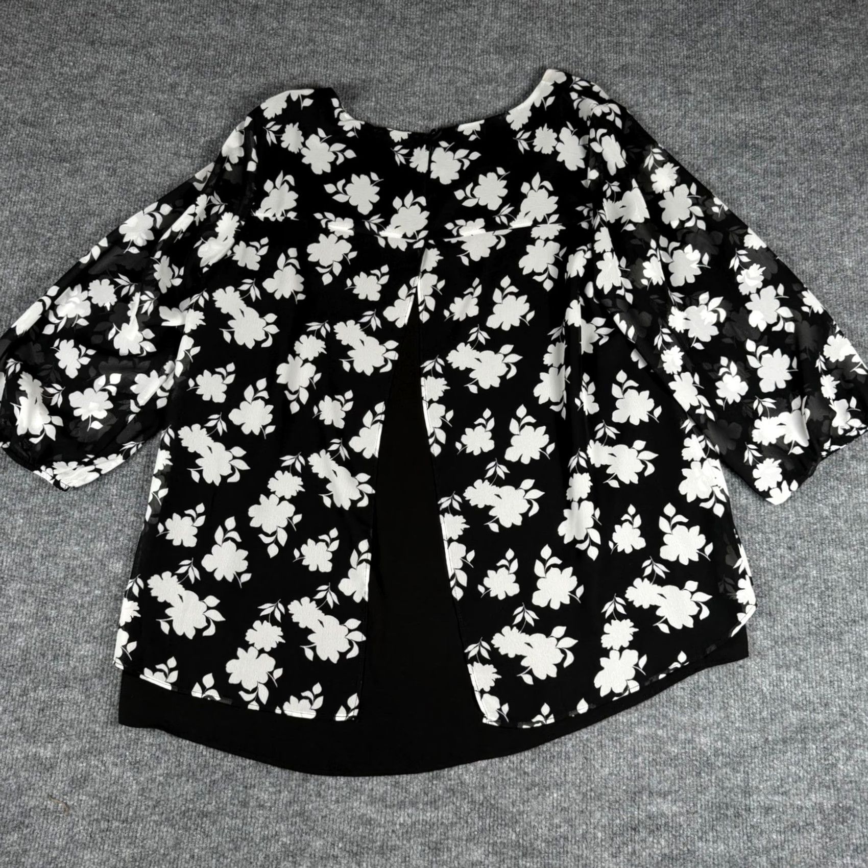 Vintage AB Studio Blouse Floral Sheer Sleeve Keyhole Round Neck 3/4 Bell Sleeve XL Womens Office Tunic Lightweight Pattern: Floral, Ruffle, Layered Hem, Black Size XL / US 12-14 / IT 48-50 - 7 Thumbnail