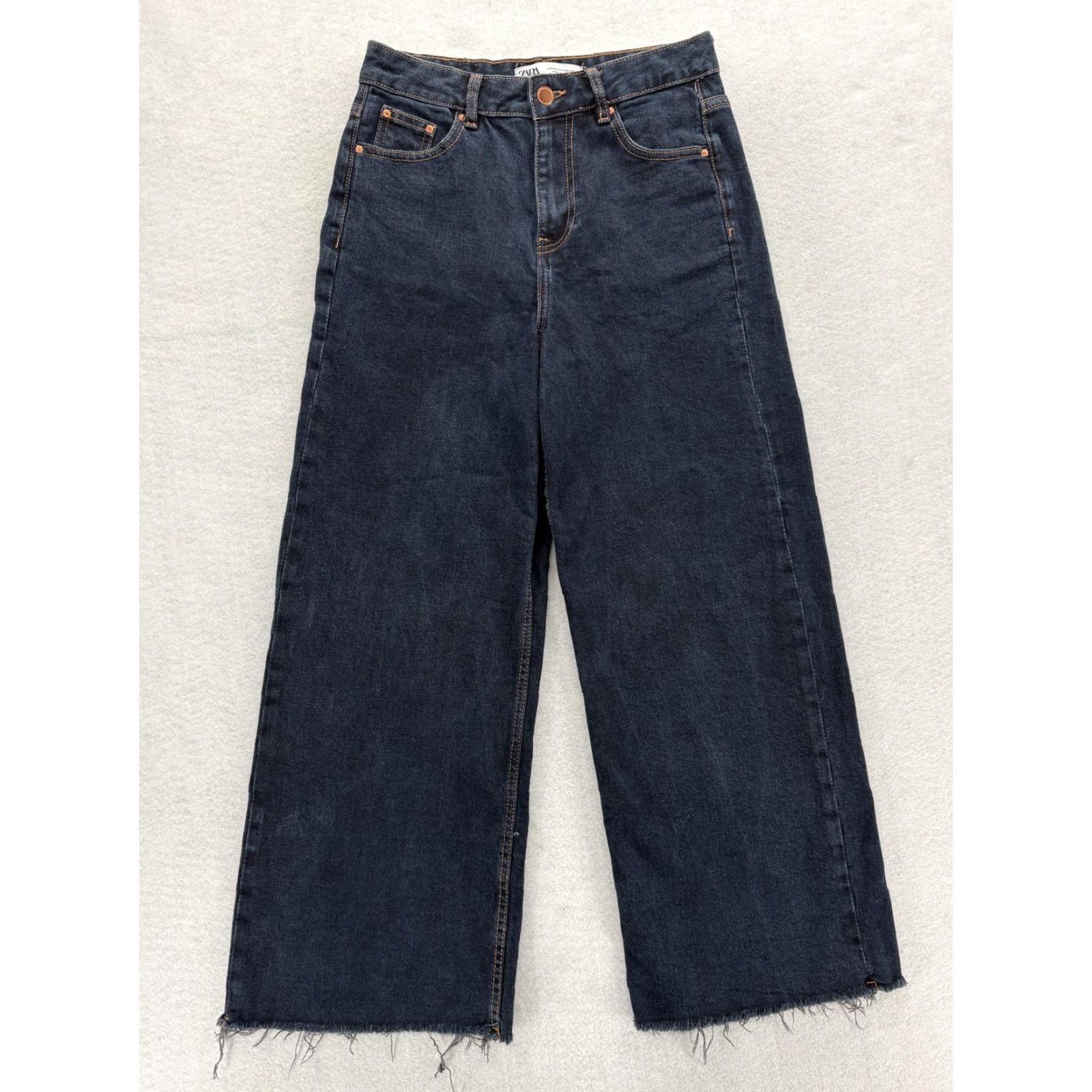 Zara Zara Jeans Womens 4 Blue High Rise Wide Leg Cropped Raw Hem Denim Distressed Pockets Boho Streetwear Girls/Womens Size 27" / US 4 / IT 40 - 2 Thumbnail