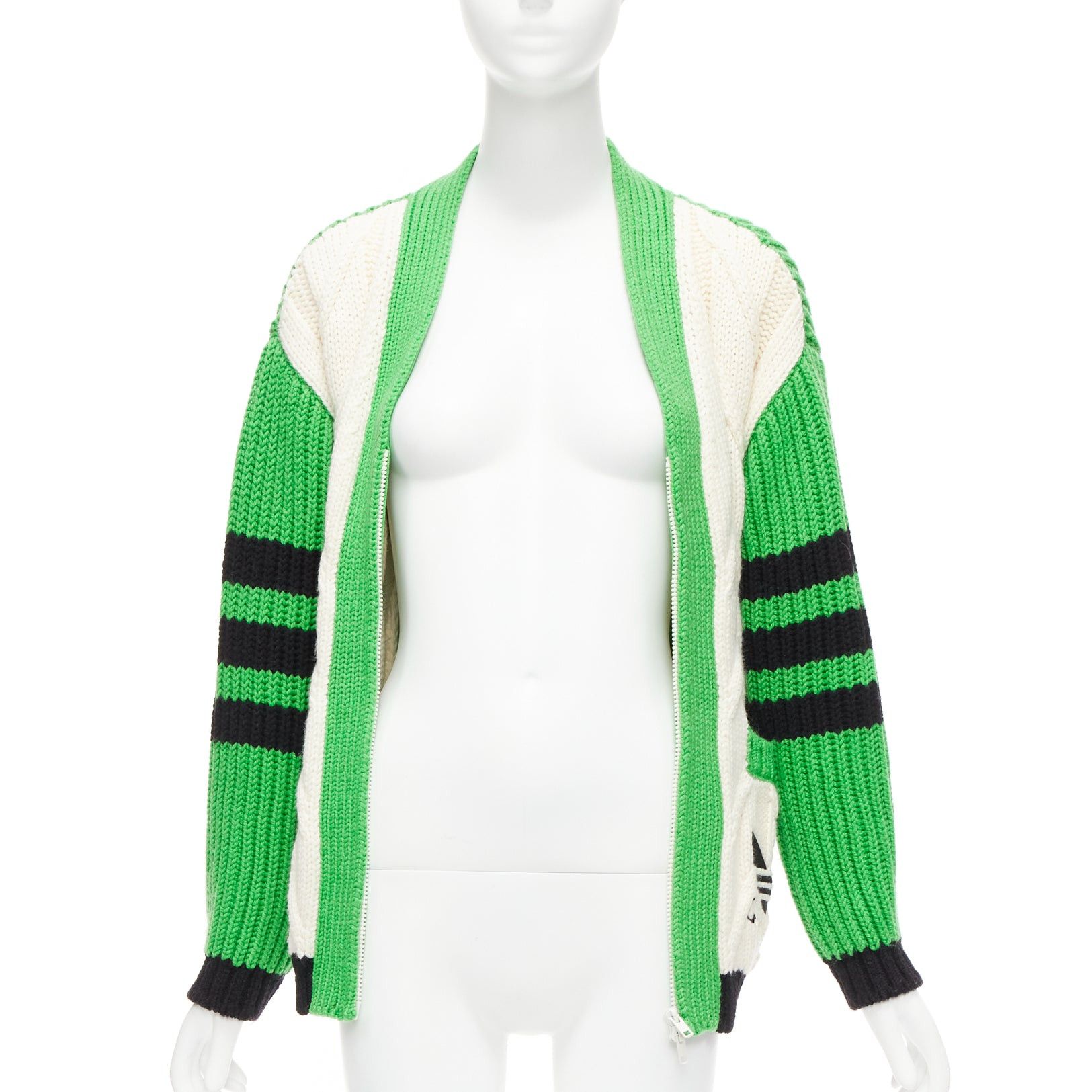 image of Gucci Adidas Green Cream Logo Pocket Varsity Cable Knit Cardigan Coat Xxs, Women's