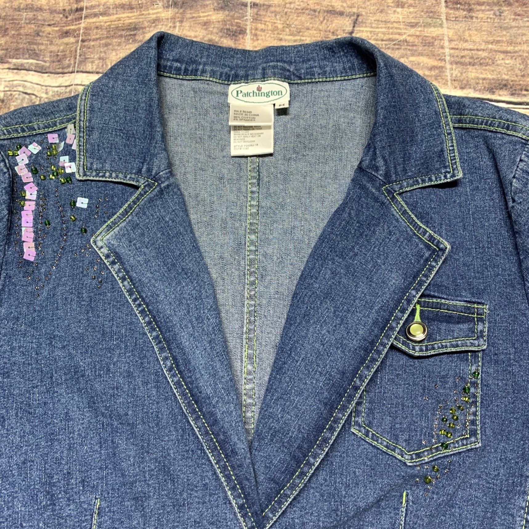 Denime Patchington Denim Jacket Light Weight Gemmed Buttons Mint Green Stitching Medium Jacket Women M Blue Denim New Kangaroo Pocket Hand Wash Only Size M / US 6-8 / IT 42-44 - 7 Thumbnail