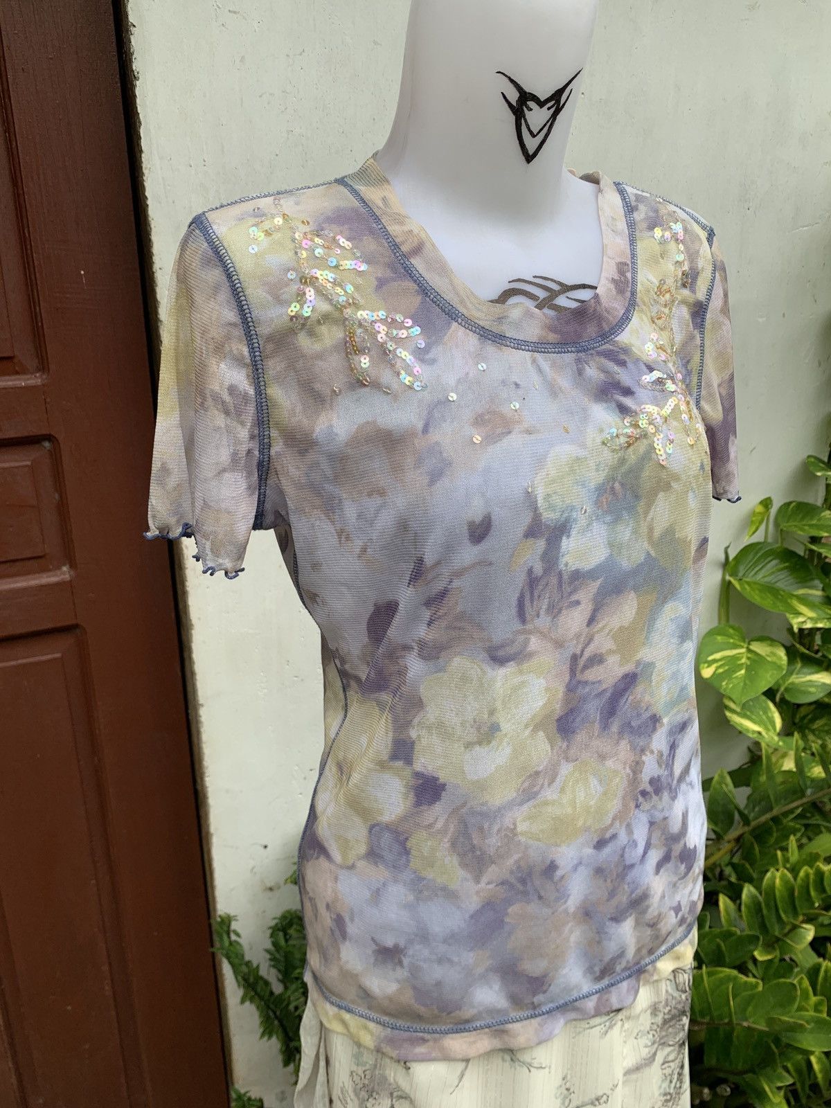 Japanese Brand × Vintage y2k Super Beauty Japan Floral Paint Art Beady Mesh Top Size L / US 10 / IT 46 - 2 Thumbnail