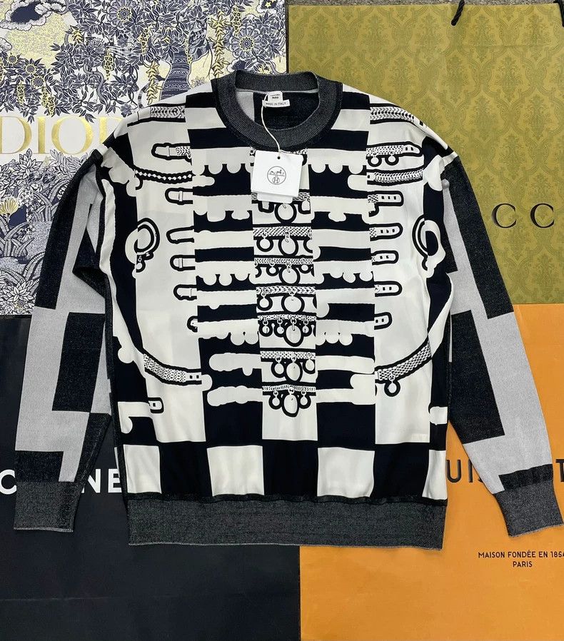 Hermes Hermes Black White Gray Colorblock Print Knitwear - dmc Size US M / EU 48-50 / 2 - 1 Thumbnail