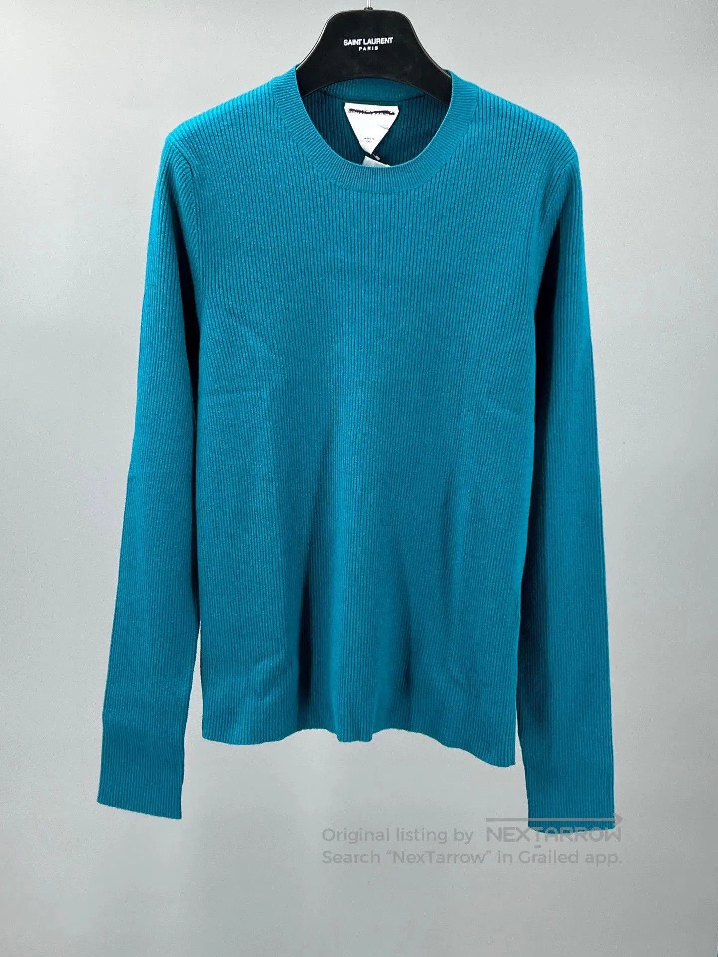 blue wool crew neck knit sweater for men.