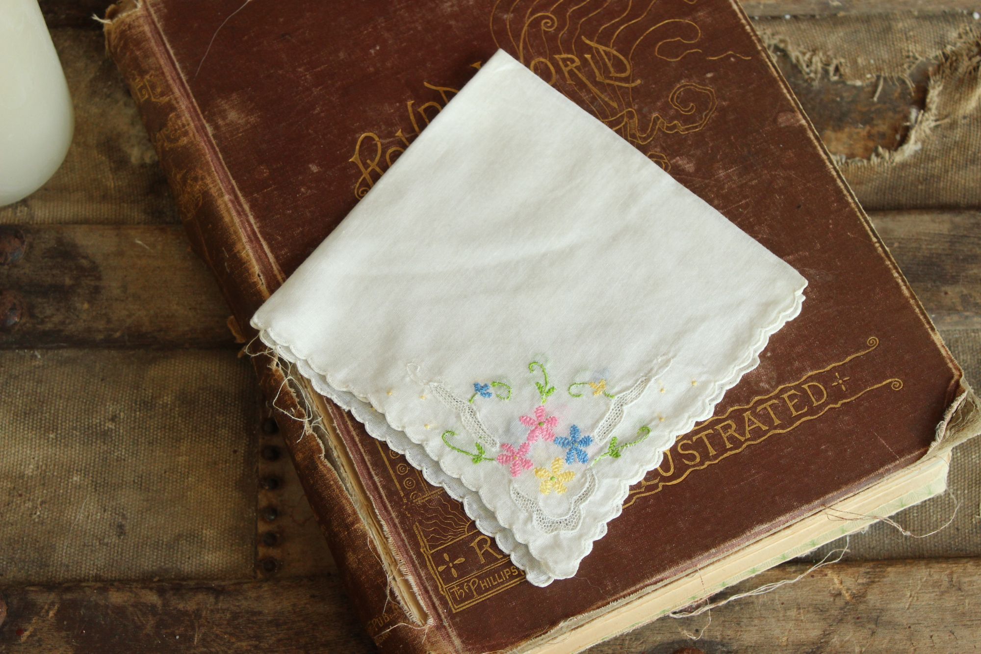 Vintage Vintage Handkerchief, Pink Blue and Yellow Flower Embroidery Size ONE SIZE - 1 Thumbnail