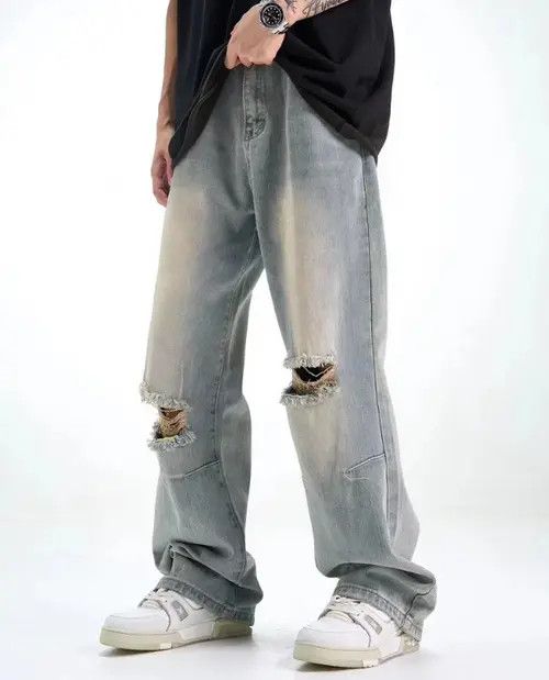 Japanese Brand × Jean Men's all-match loose straight hiphop washed ripped jeans Size US 32 / EU 48 - 1 Thumbnail