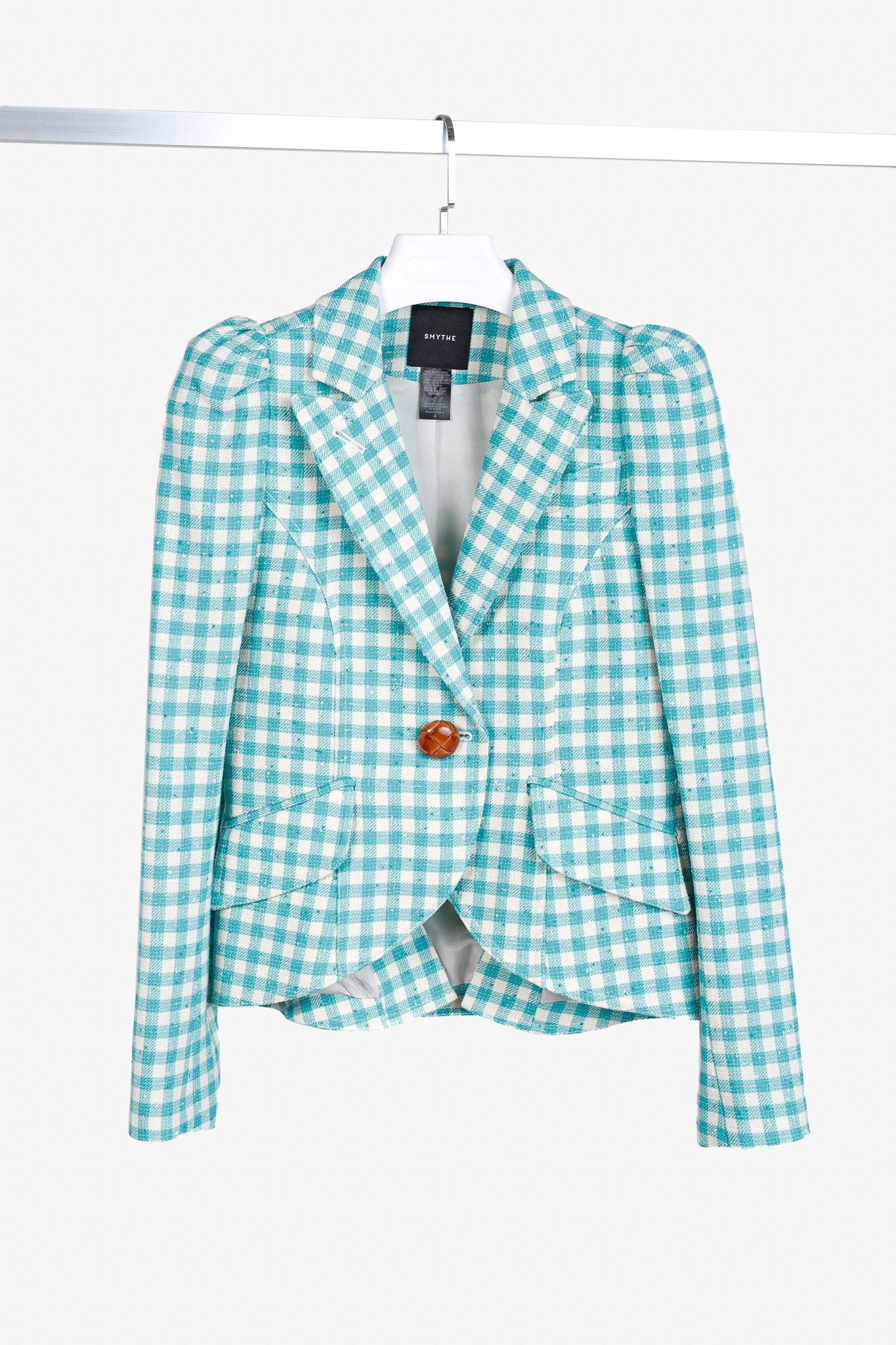 SMYTHE Smythe SS/22 Aqua Check Pouf Sleeve One Button Blazer Size S / US 4 / IT 40 - 1 Thumbnail