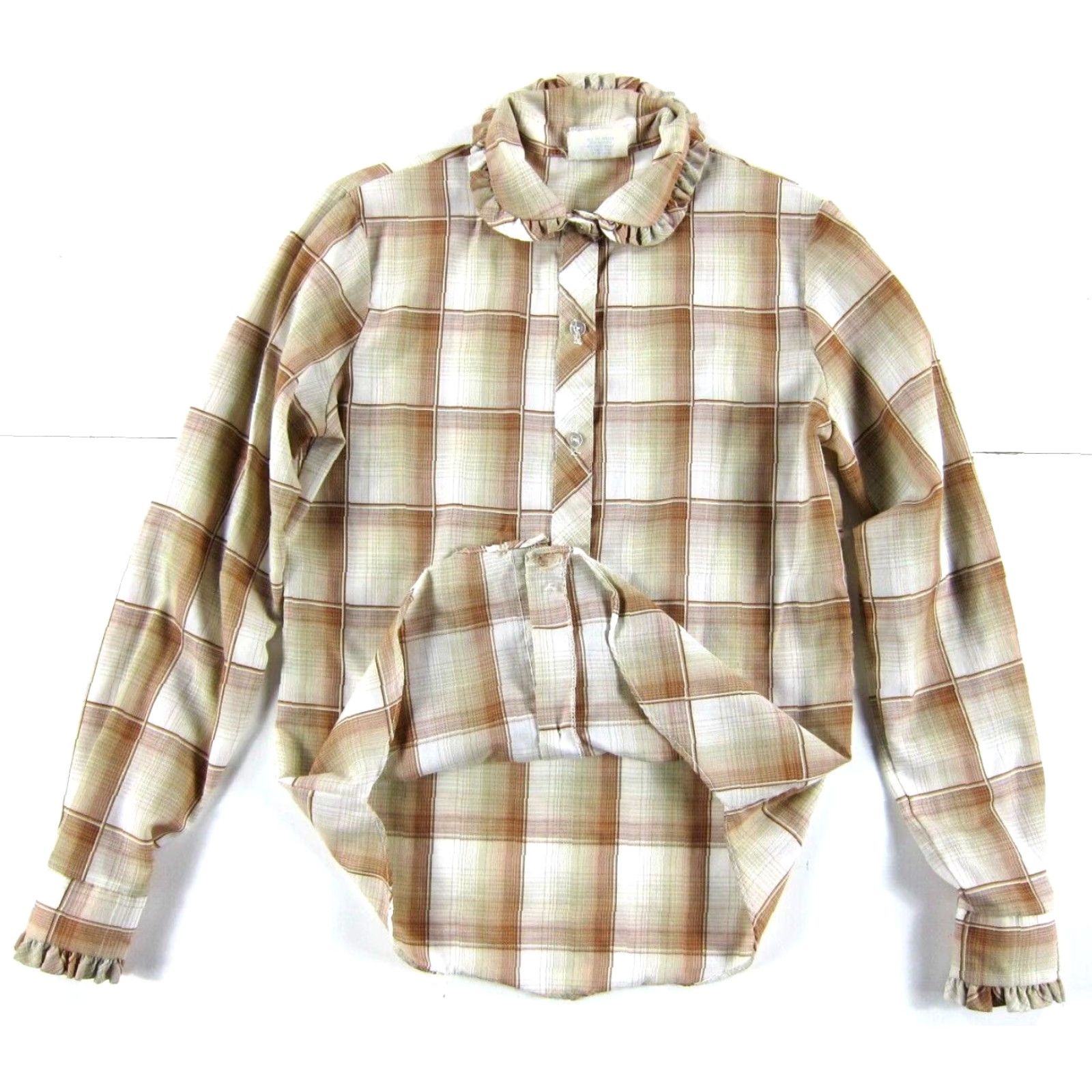 Vintage VINTAGE Shirt Accent Brown Ivory Plaid Ruffle Neck Long Sleeve Blouse Woman S Size S / US 4 / IT 40 - 6 Thumbnail