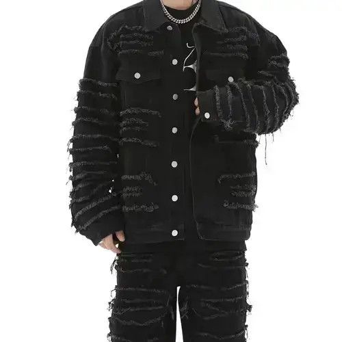 VIBE Black Stacked Distressed Ripped Denim Jacket Size US M / EU 48-50 / 2 - 1 Thumbnail