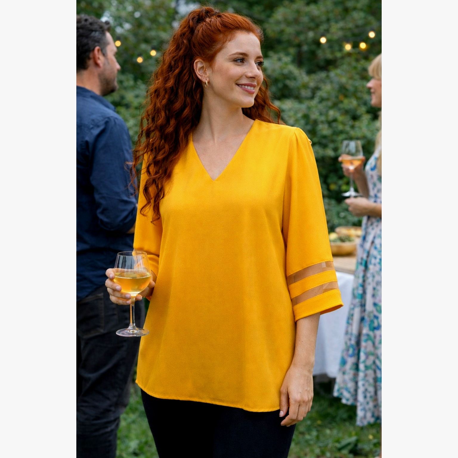 Other Casual V Neck 3/4 Bell Sleeve Mesh Panel Blouse Golden XL Size XL / US 12-14 / IT 48-50 - 1 Thumbnail