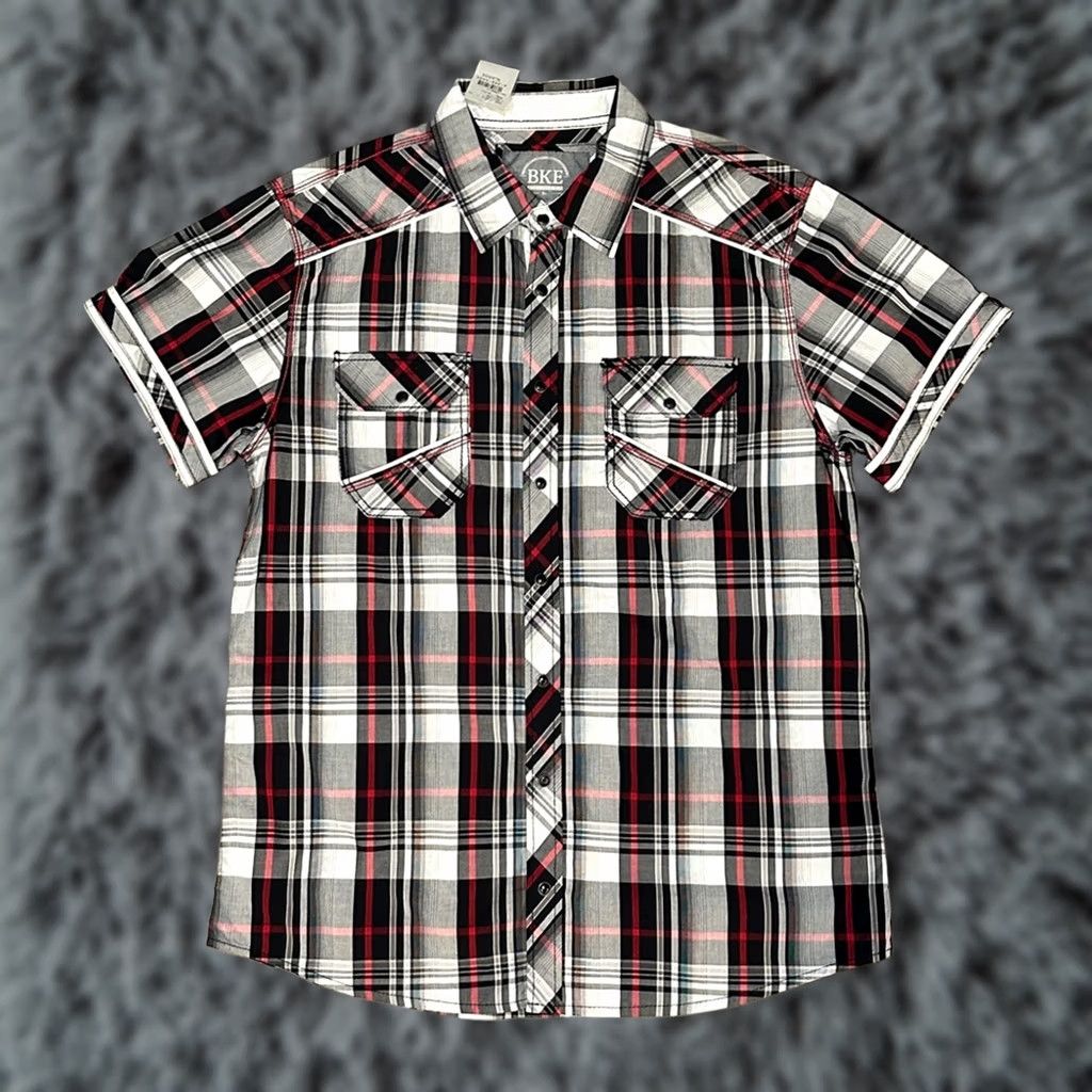 BKE BKE Standard Fit Plaid North Shirt Short Sleeve Pearl Snap Button XL Mens Black Size US XL / EU 56 / 4 - 1 Thumbnail