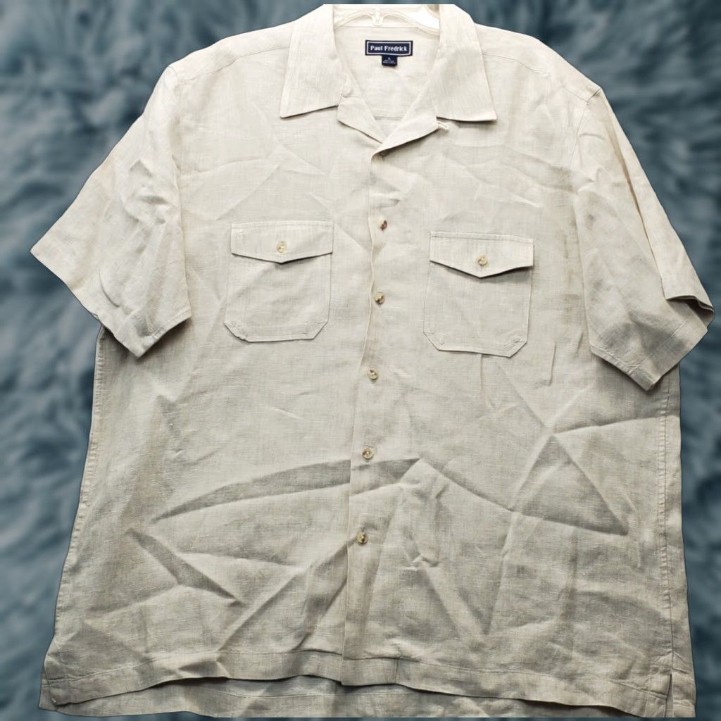 Vintage Paul Fredrick Shirt Mens XL Multi Button-Up Chest Pockets Short Sleeve Slit Detail White Linen Solid 90s Outdoor Mens Size US XL / EU 56 / 4 - 1 Thumbnail