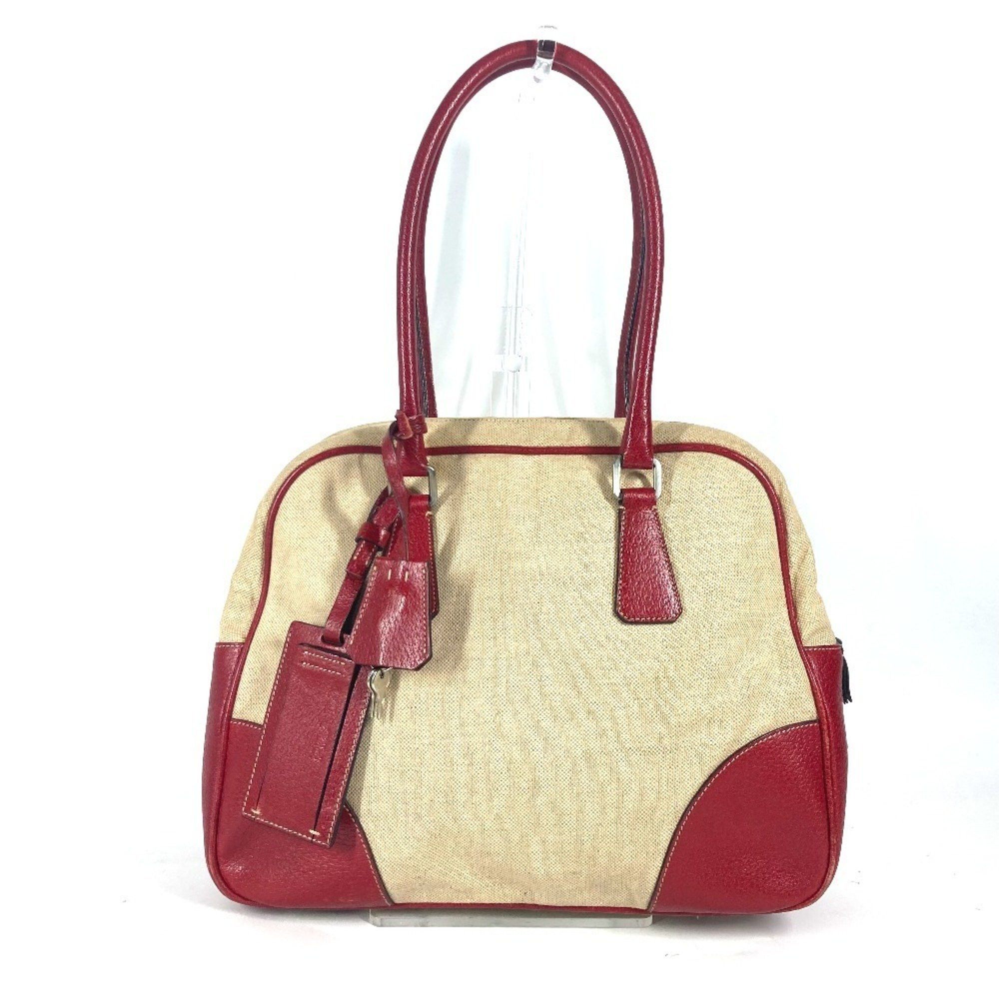 Prada Bicolor Triangle Logo Plate Bag Shoulder Boston Leather Canvas Women's Beige