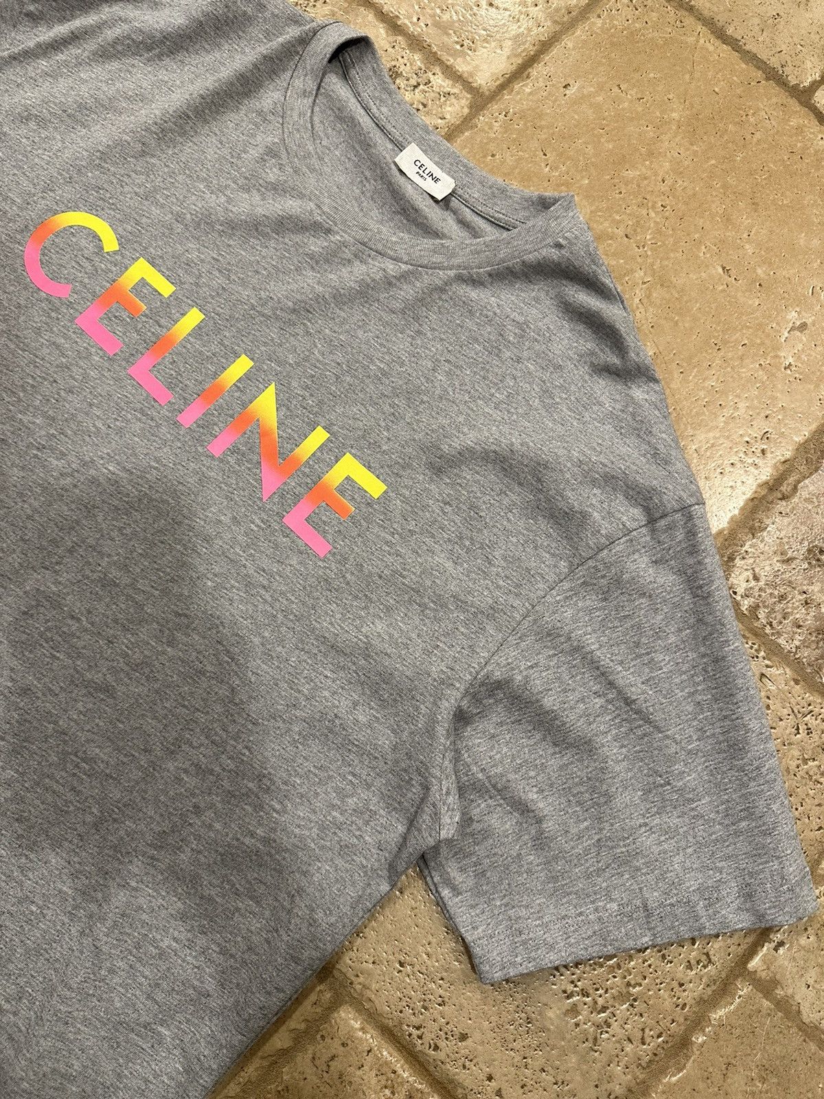 Celine × Hedi Slimane Celine Gradient Logo Print Grey Melange Loose T-Shirt Size US L / EU 52-54 / 3 - 5 Thumbnail