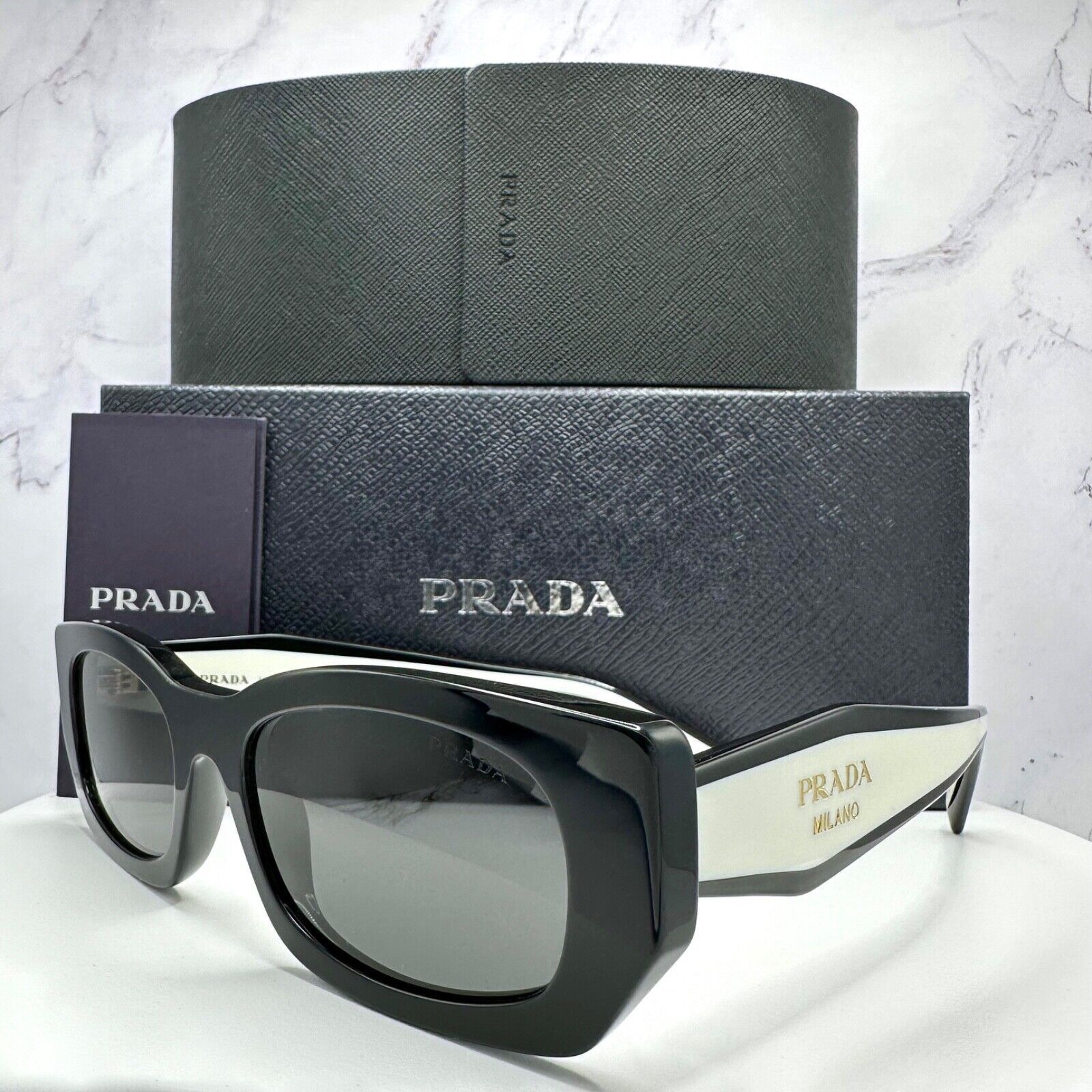Prada New PRADA Sunglasses Logo Black & White Gold Metallic Logo Size ONE SIZE - 9 Thumbnail