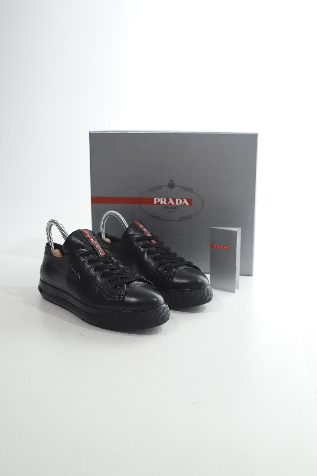 Prada PRADA Sneakers Low-Top Leather Shoes Red Tab Logo Black Wmns Size US 6.5 / IT 36.5 - 2 Thumbnail