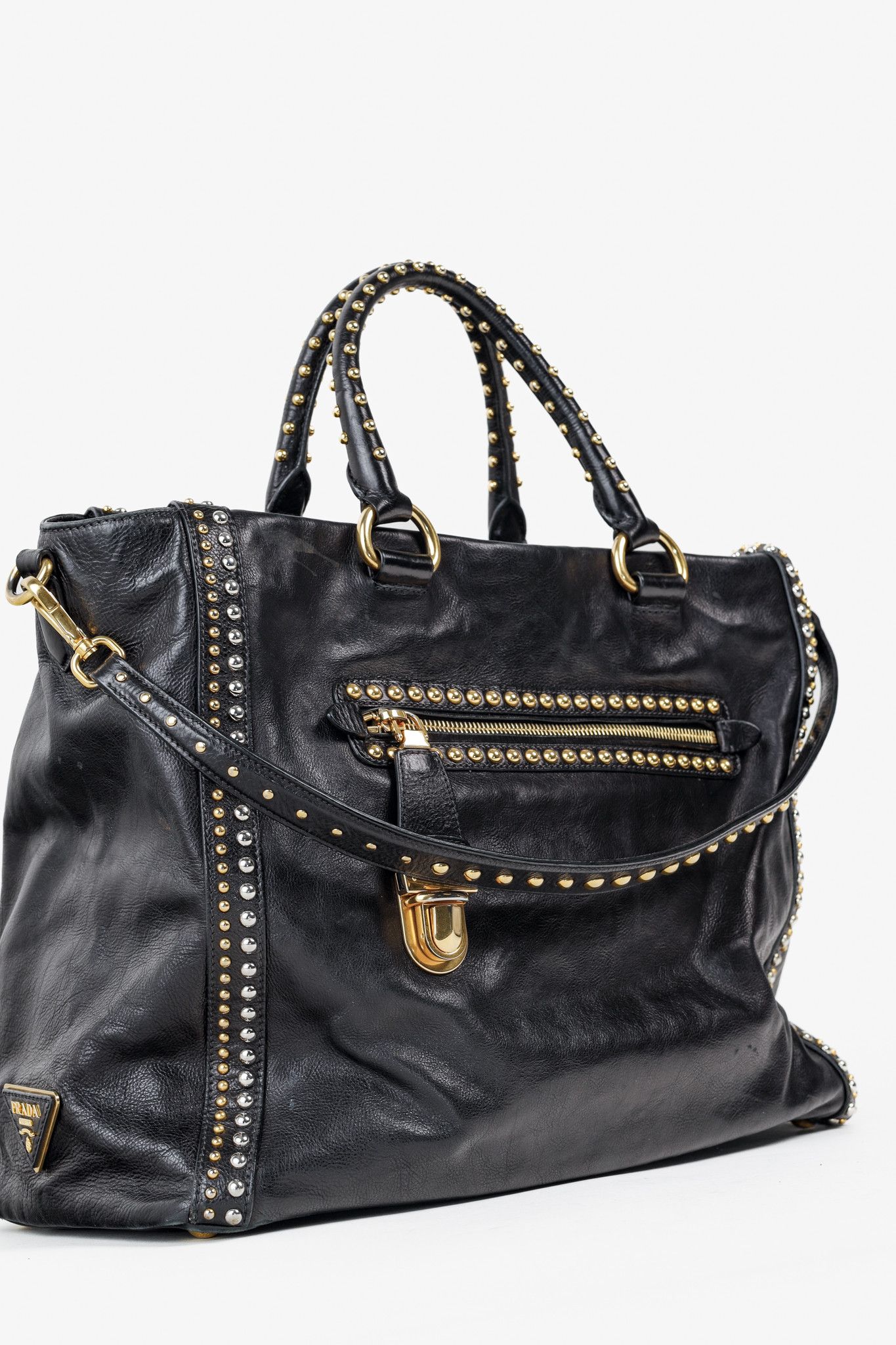 Prada Prada Craquele Nero Glace Calf Leather Studded Shopper Tote Size ONE SIZE - 8 Thumbnail