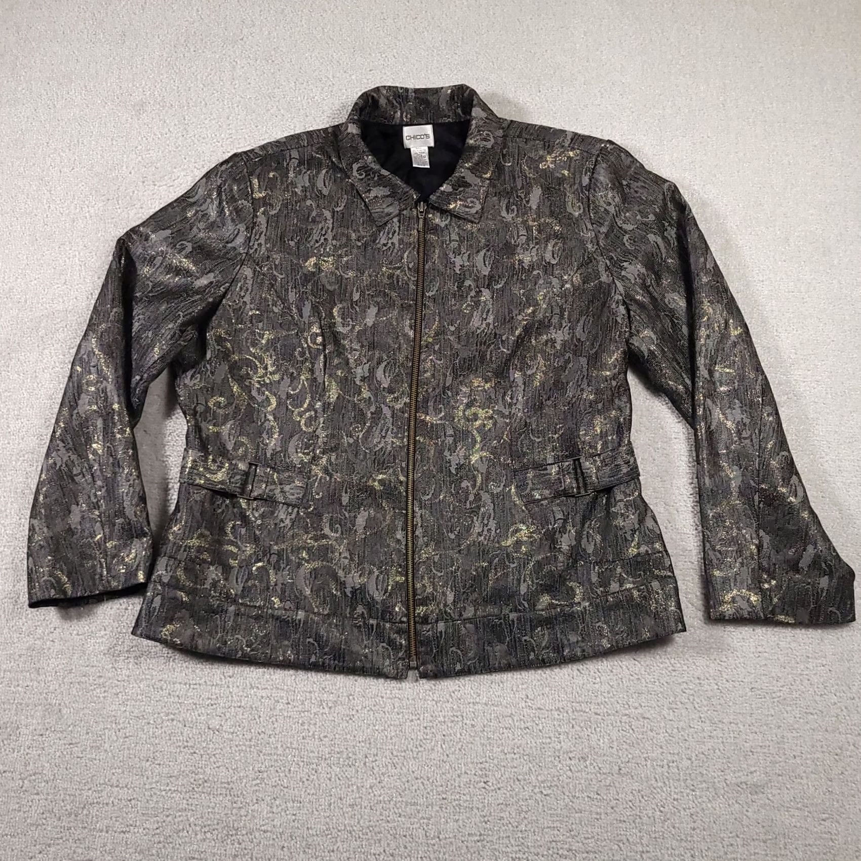 Vintage Chico's Jacket Women's XL Gold Gray Metallic Full Zip Blazer Tapestry Lined Size XL / US 12-14 / IT 48-50 - 2 Thumbnail